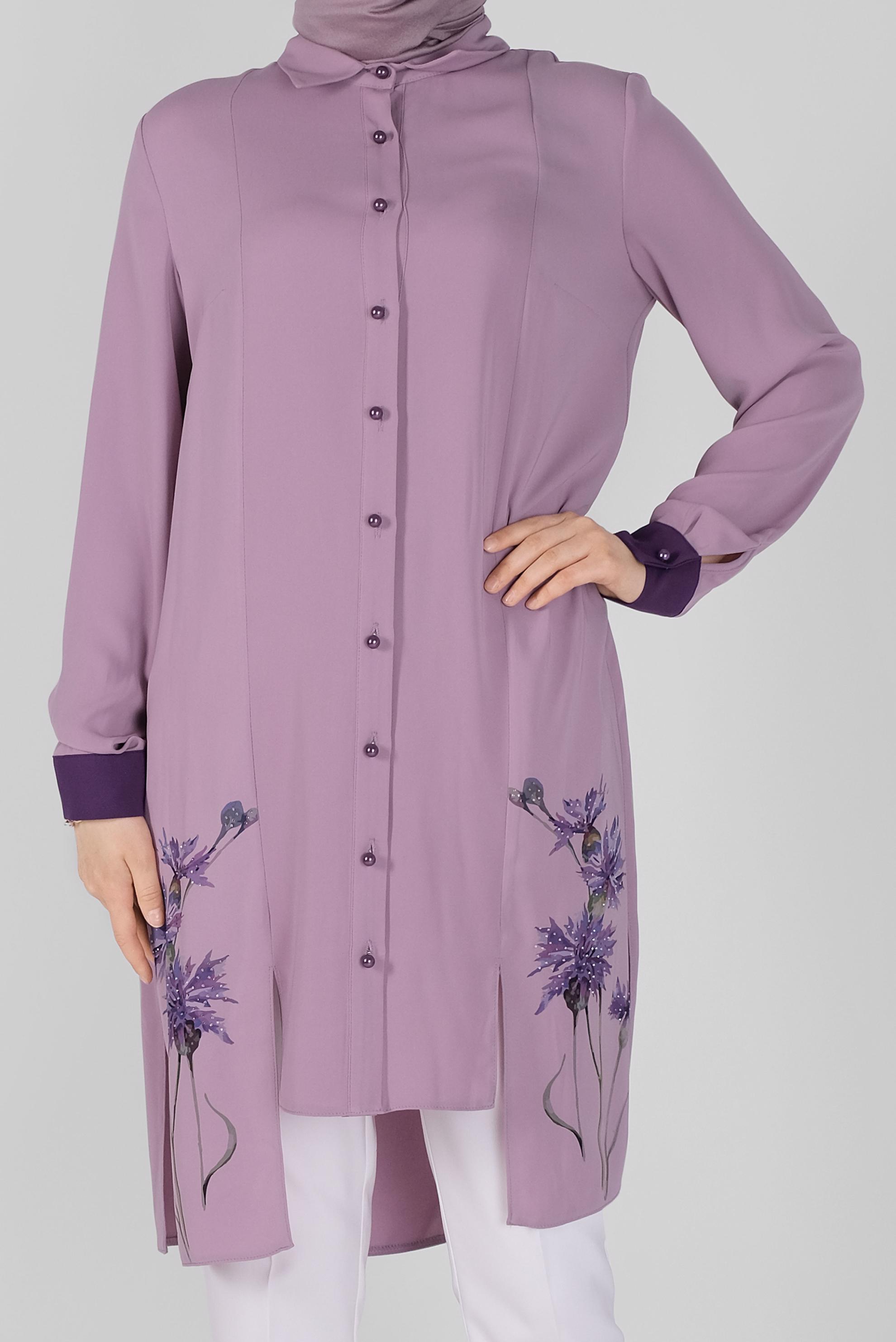 Tesettür giyim MOR ÇİÇEK BASKILI ASİMETRİK KESİM TUNİK 41421