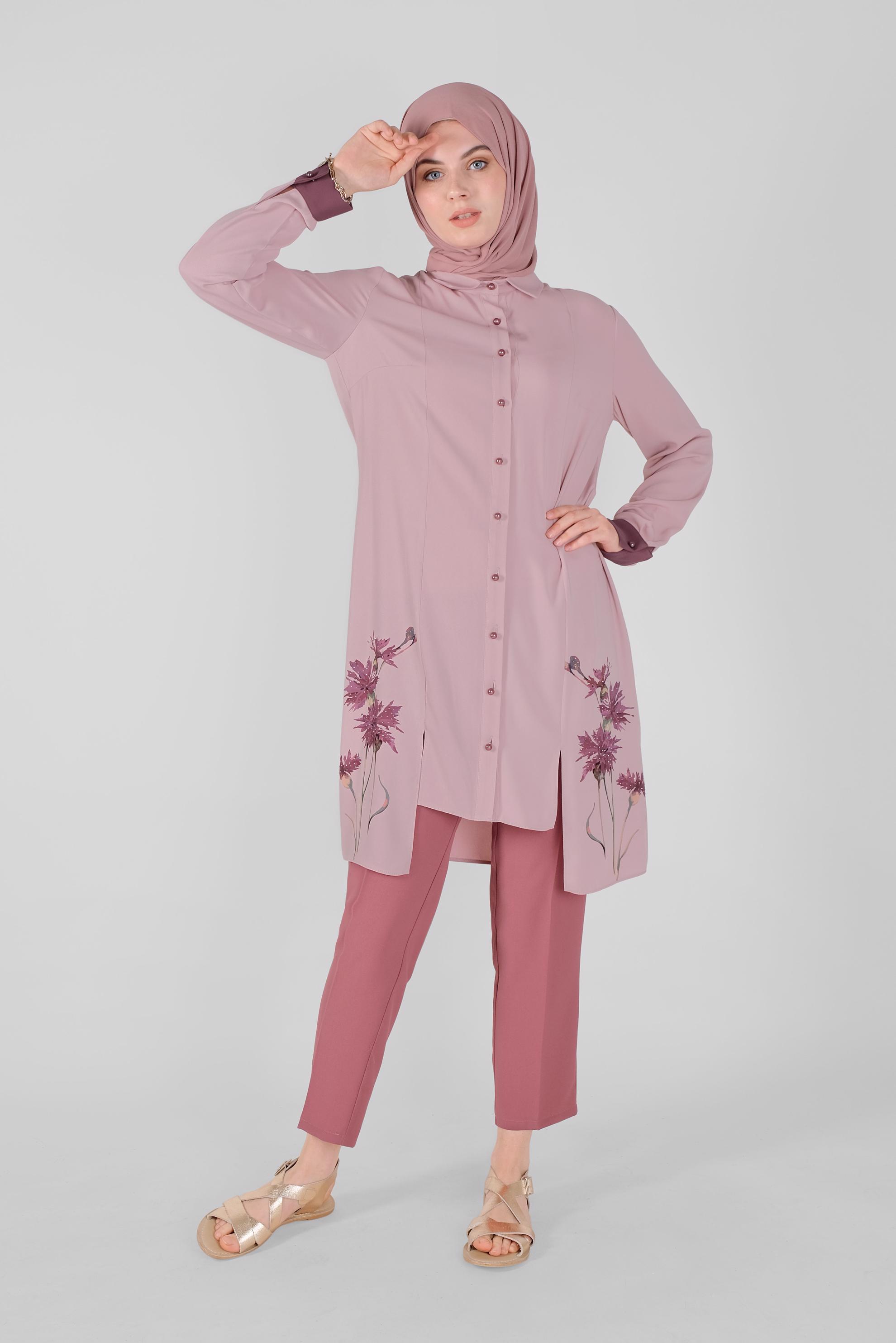 Tesettür giyim PUDRA ÇİÇEK BASKILI ASİMETRİK KESİM TUNİK 41421