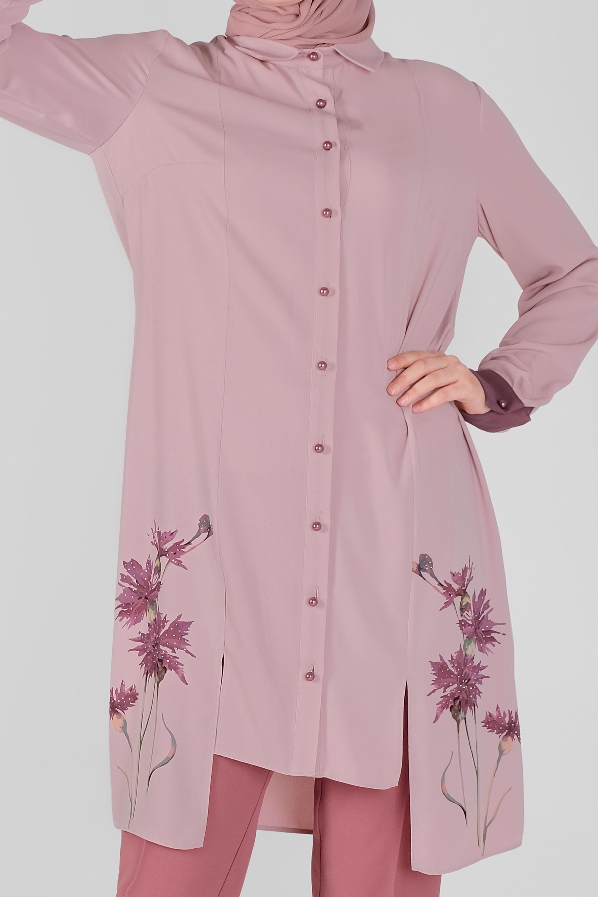 Tesettür giyim PUDRA ÇİÇEK BASKILI ASİMETRİK KESİM TUNİK 41421