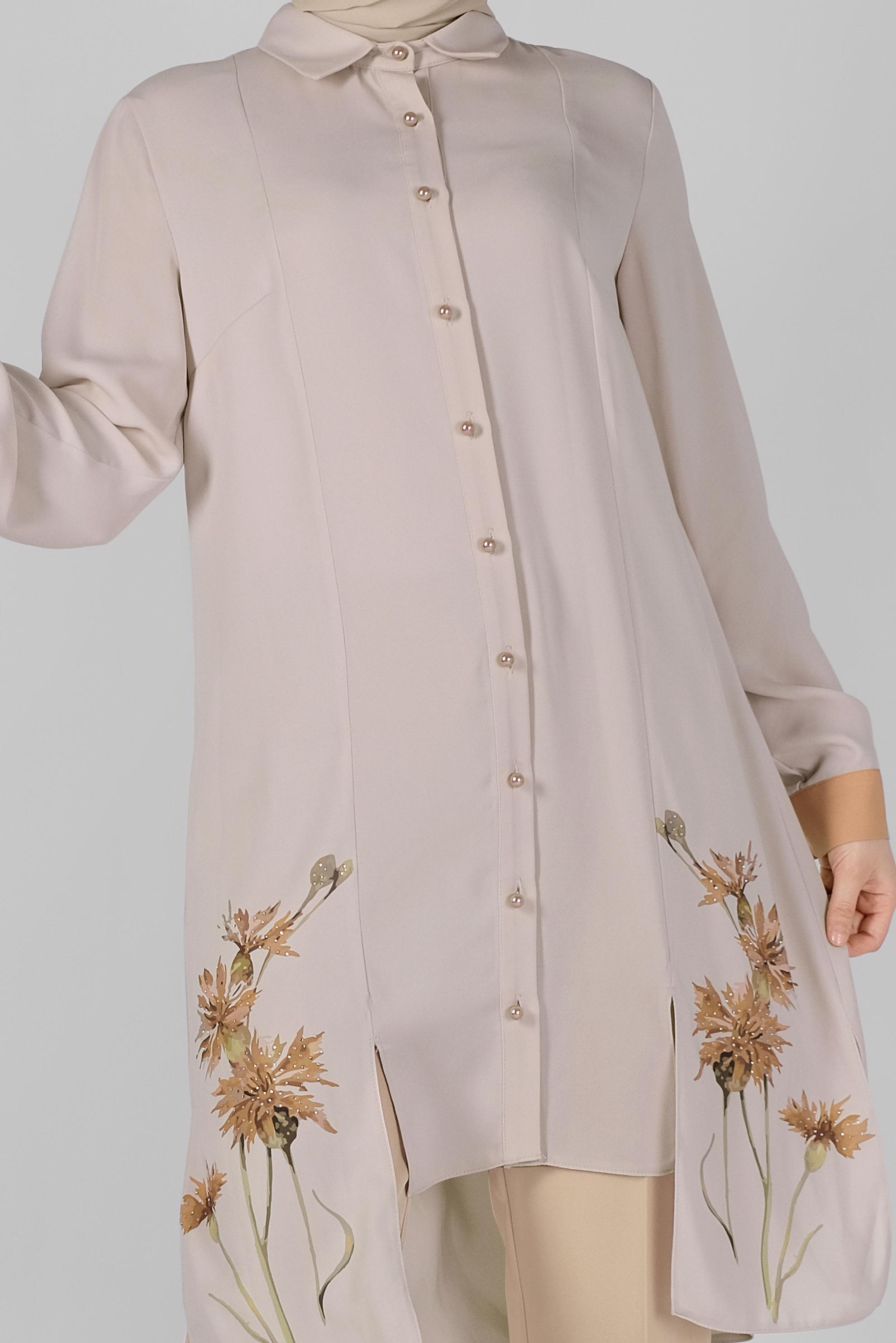 Tesettür giyim EKRU ÇİÇEK BASKILI ASİMETRİK KESİM TUNİK 41421