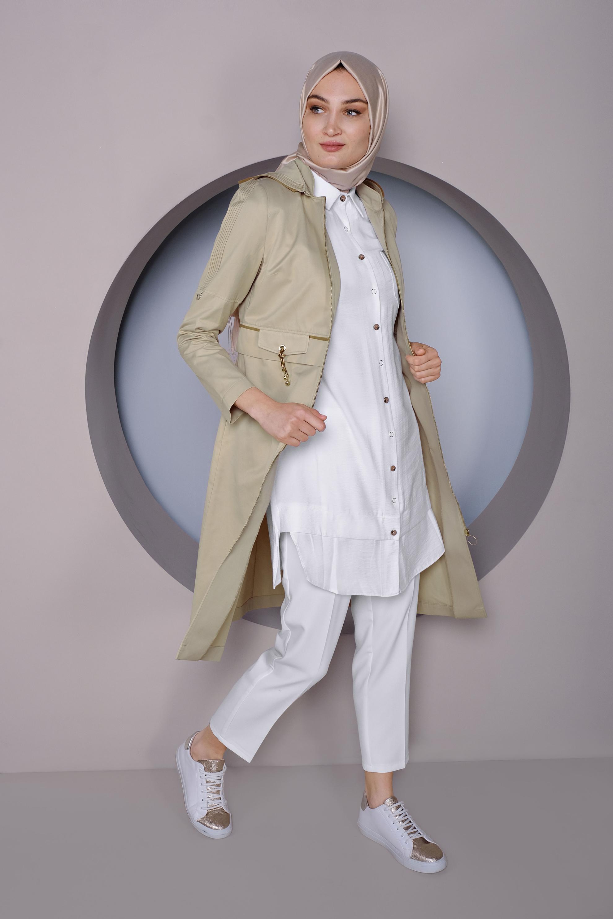 Tesettür giyim BEYAZ ŞERİT DETAYLI DÜĞMELİ TUNİK 41422