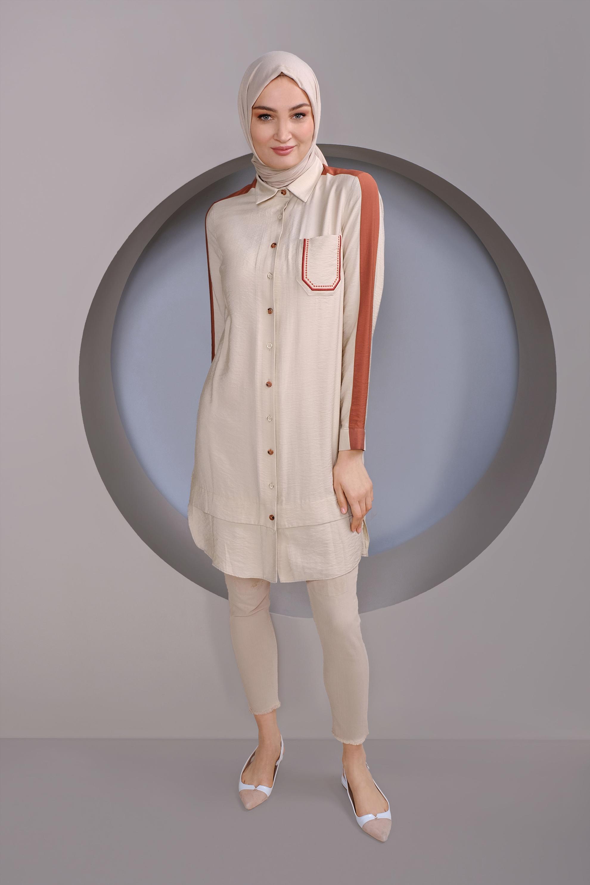 Tesettür giyim BEJ ŞERİT DETAYLI DÜĞMELİ TUNİK 41422