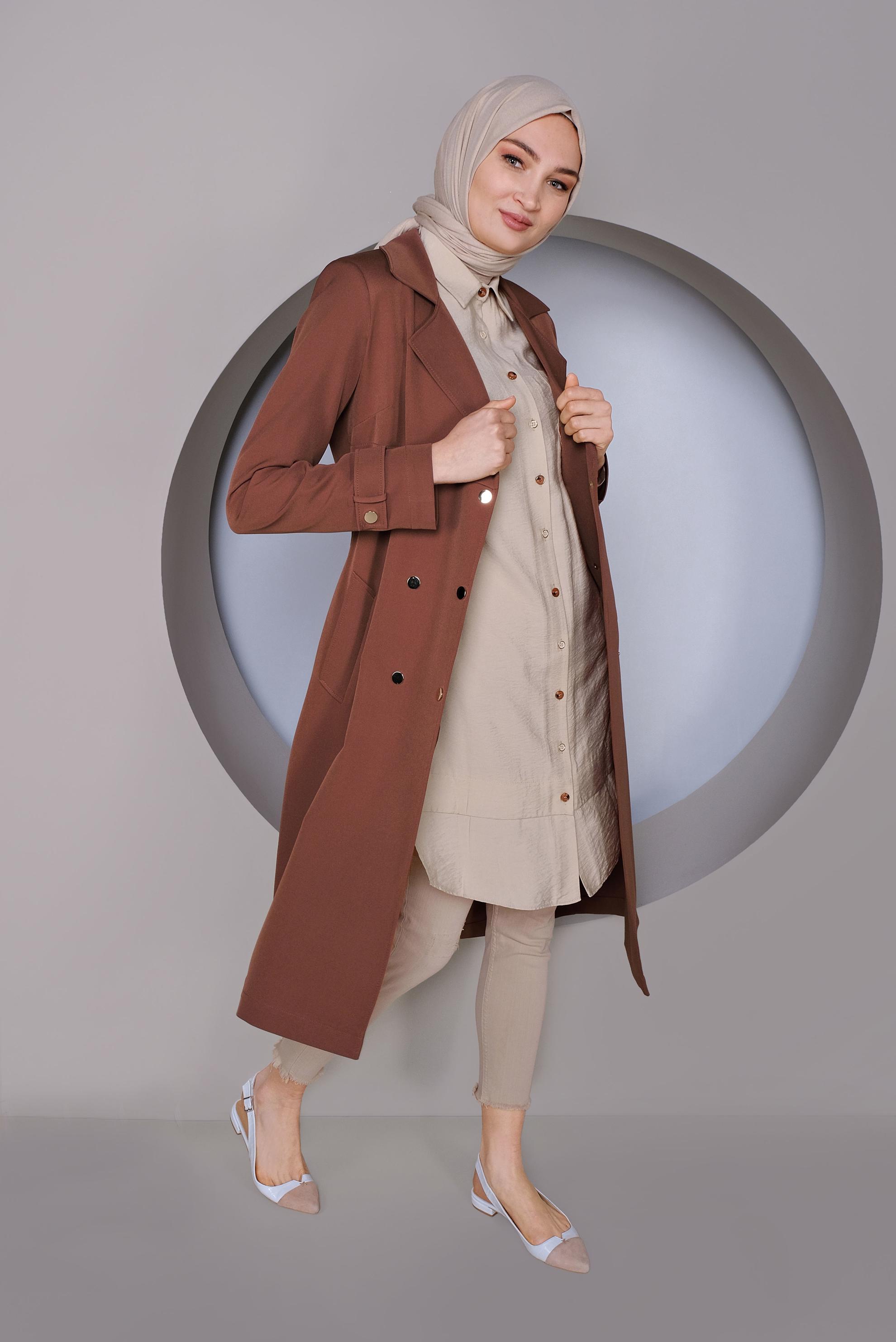 Tesettür giyim BEJ ŞERİT DETAYLI DÜĞMELİ TUNİK 41422