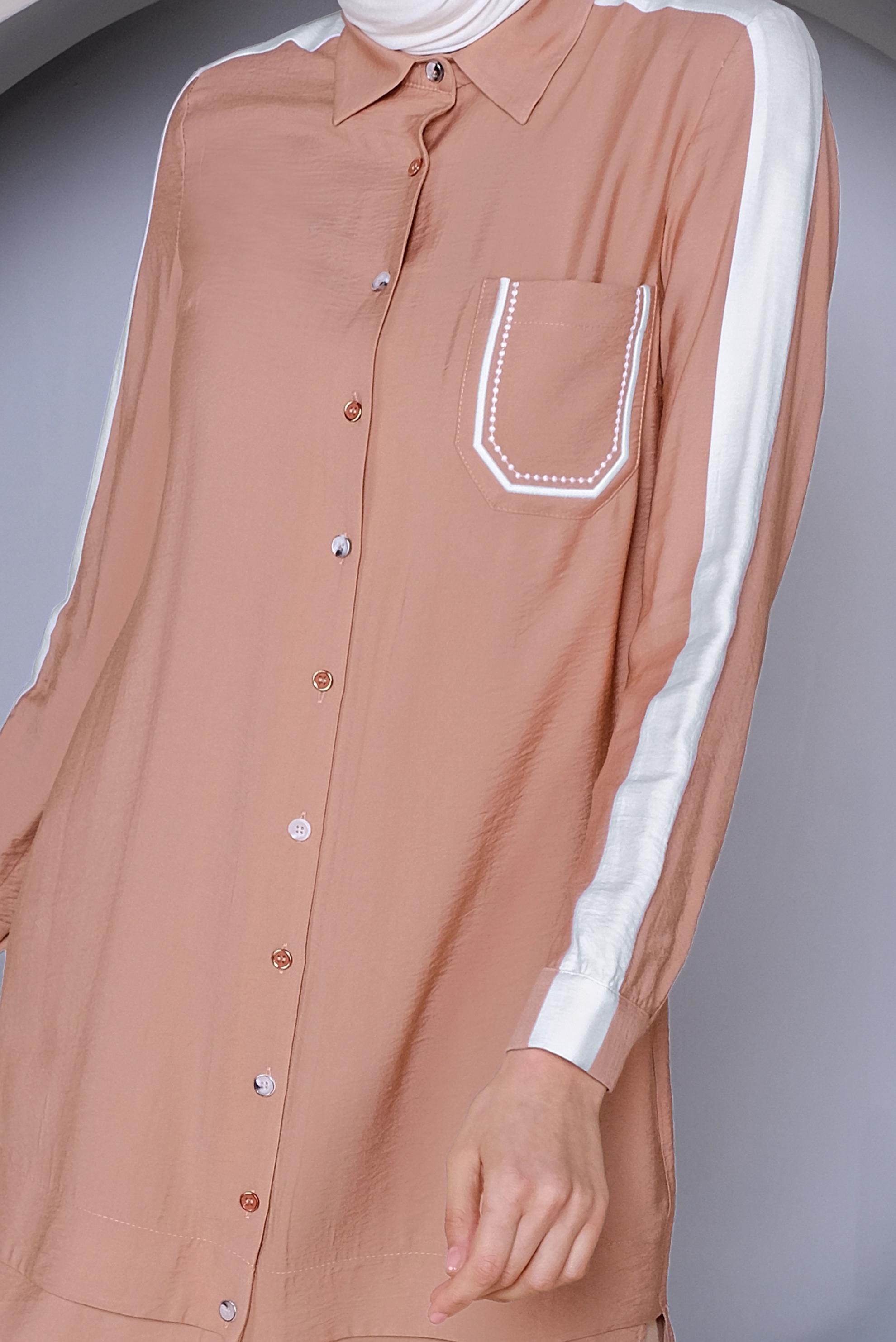 Tesettür giyim PUDRA ŞERİT DETAYLI DÜĞMELİ TUNİK 41422