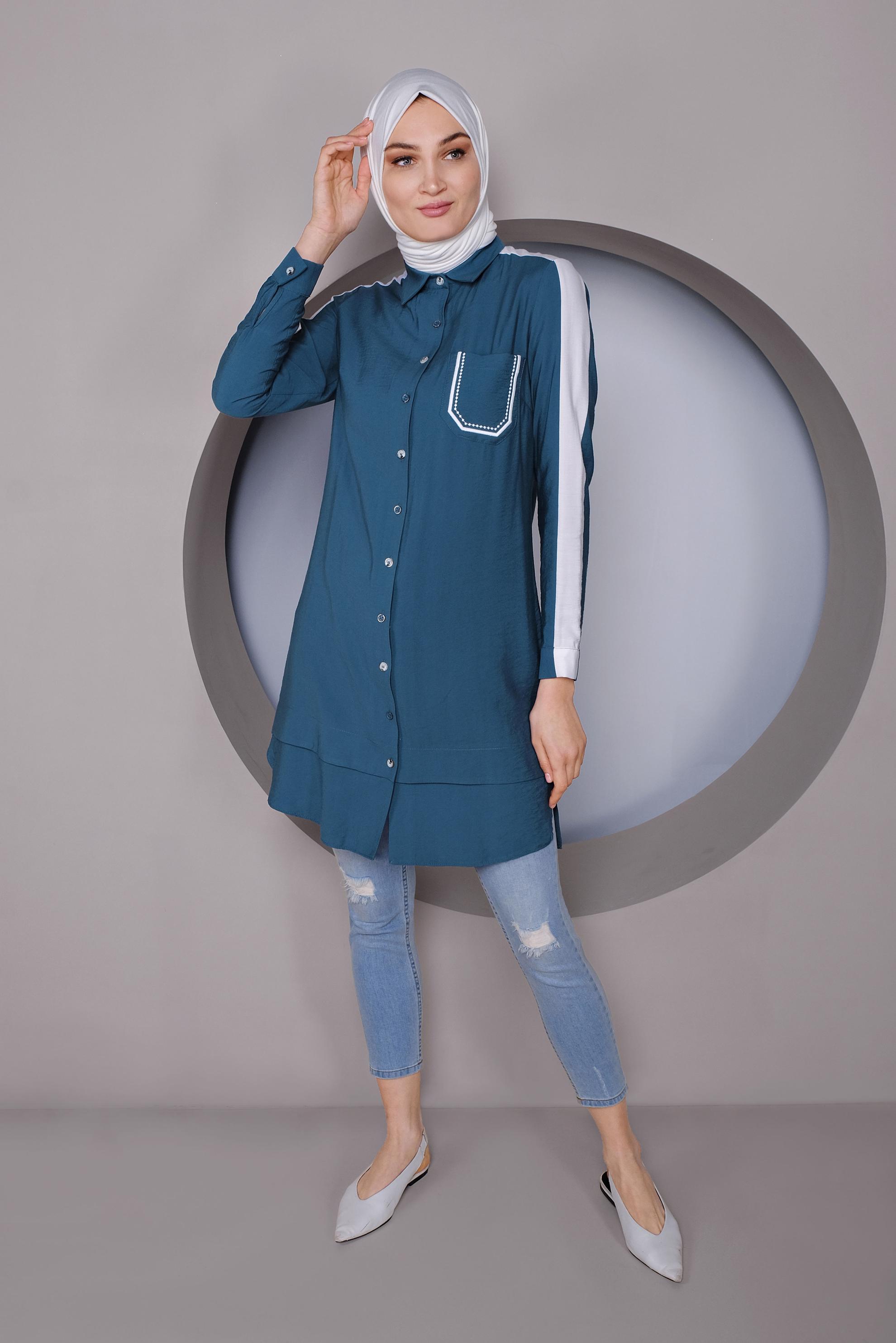 Tesettür giyim LACİVERT ŞERİT DETAYLI DÜĞMELİ TUNİK 41422
