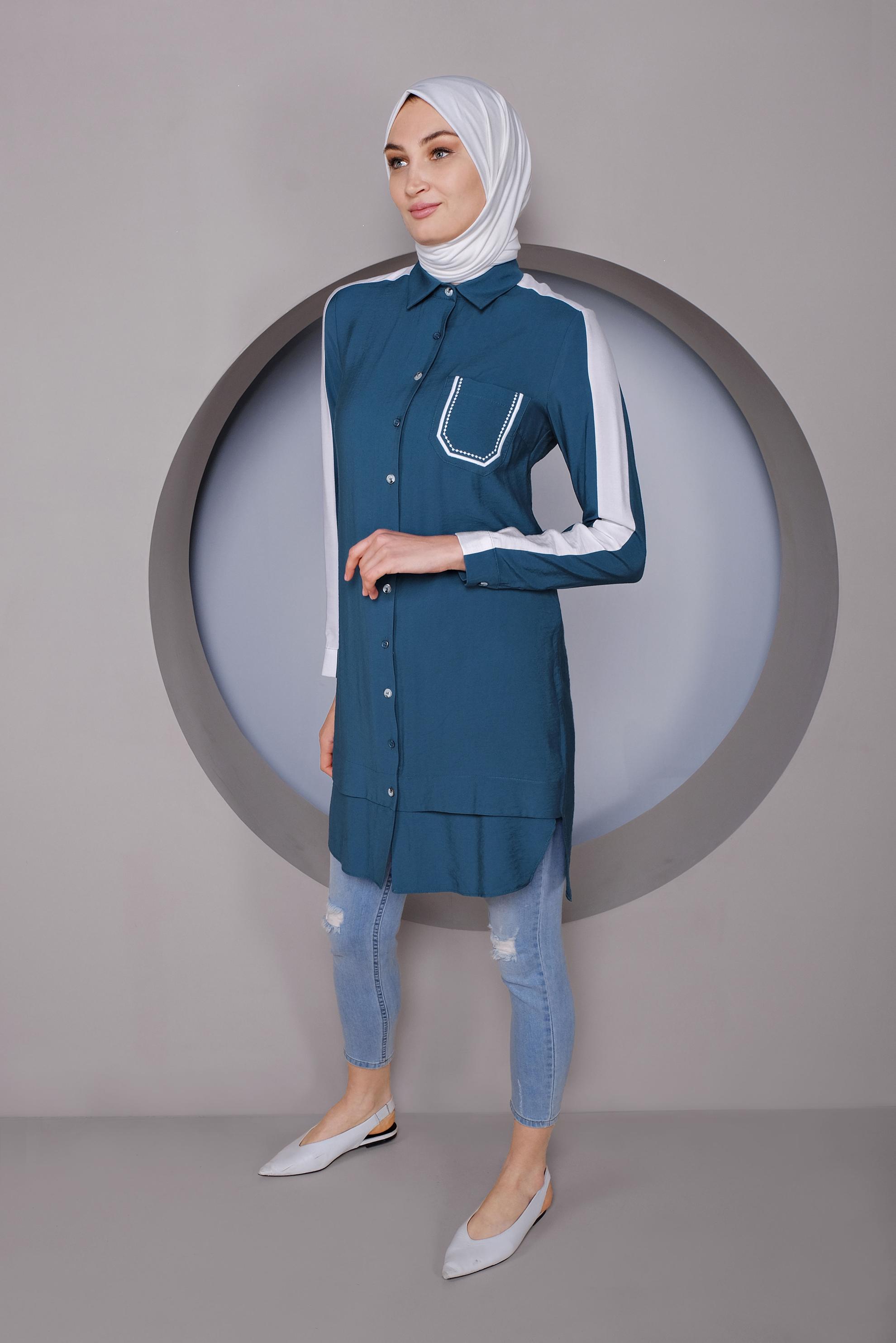 Tesettür giyim LACİVERT ŞERİT DETAYLI DÜĞMELİ TUNİK 41422