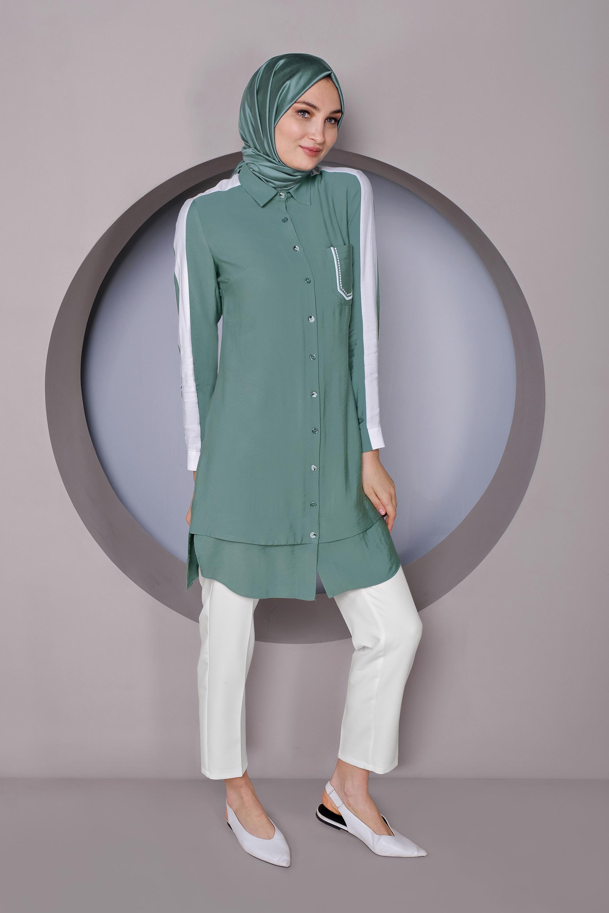 Tesettür giyim YEŞİL ŞERİT DETAYLI DÜĞMELİ TUNİK 41422