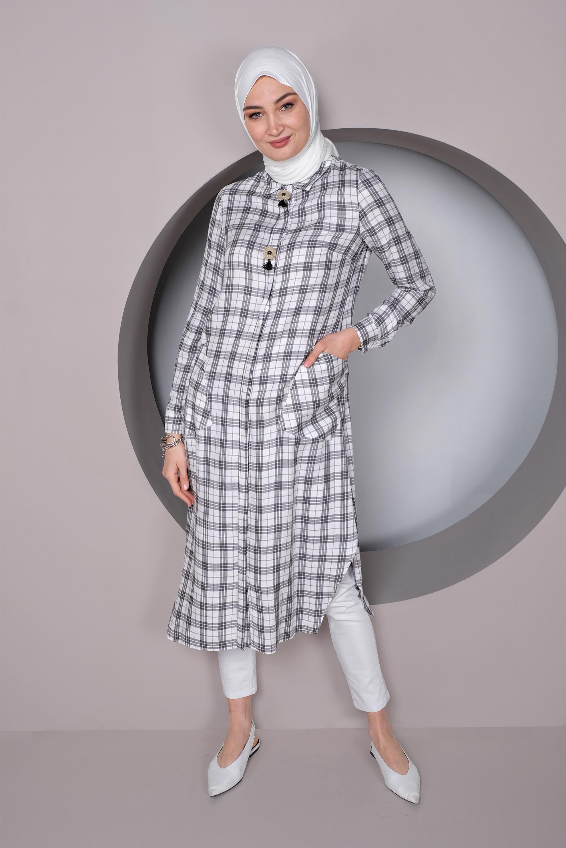 Tesettür giyim SİYAH EKOSE DESENLİ TUNİK 41441