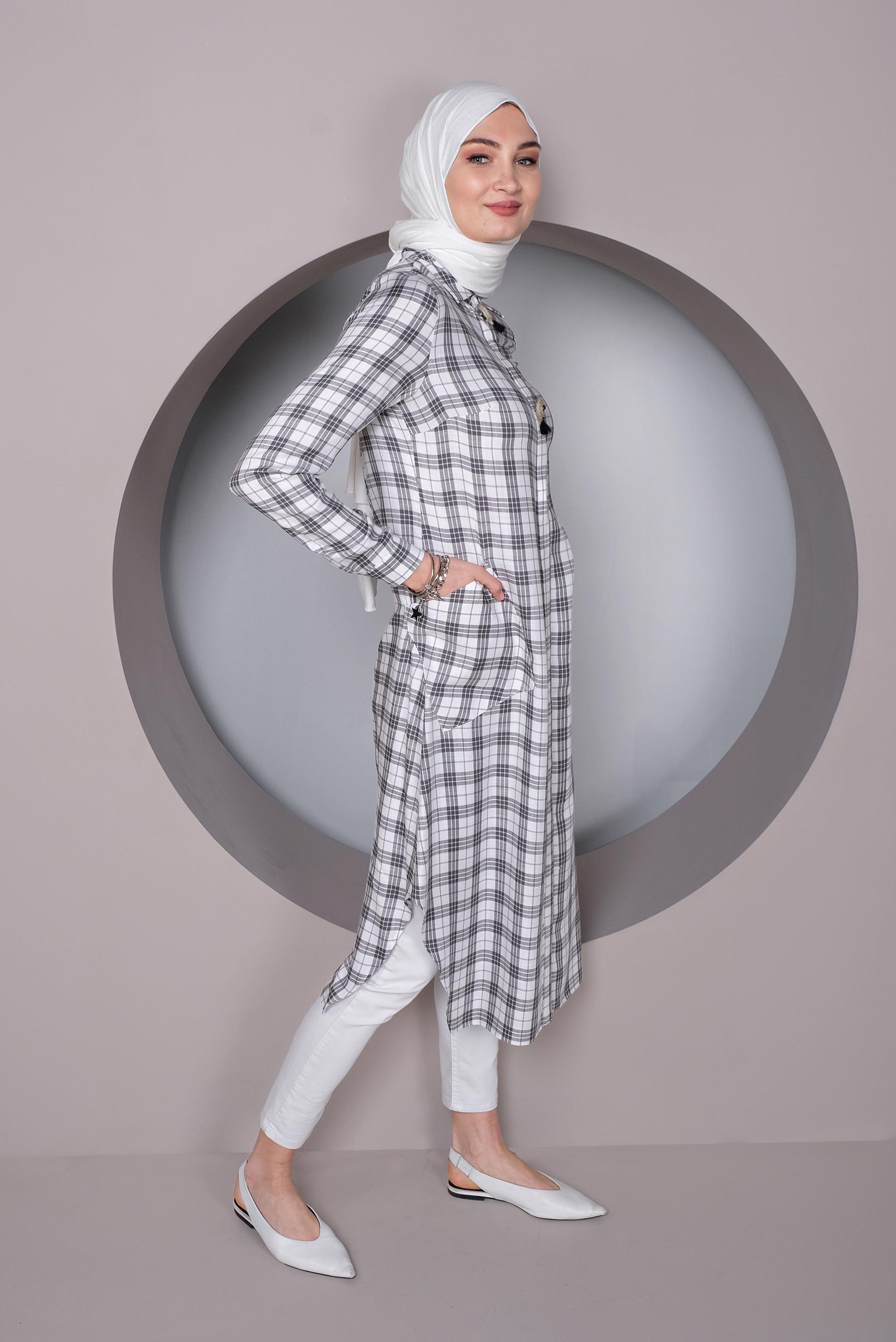 Tesettür giyim SİYAH EKOSE DESENLİ TUNİK 41441