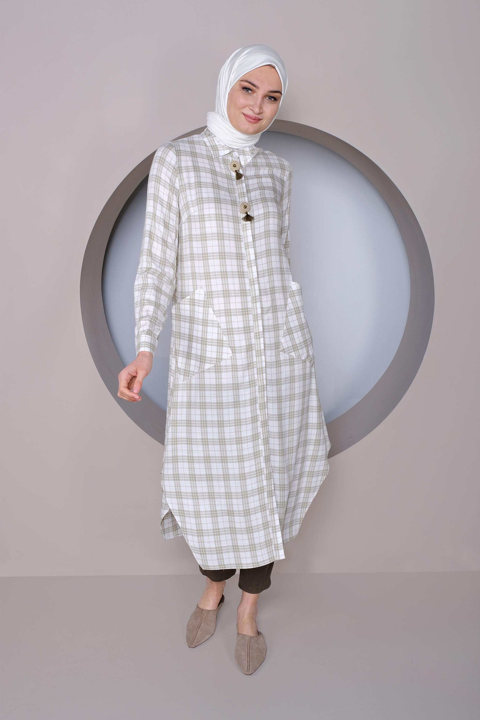 Tesettür giyim HAKİ EKOSE DESENLİ TUNİK 41441