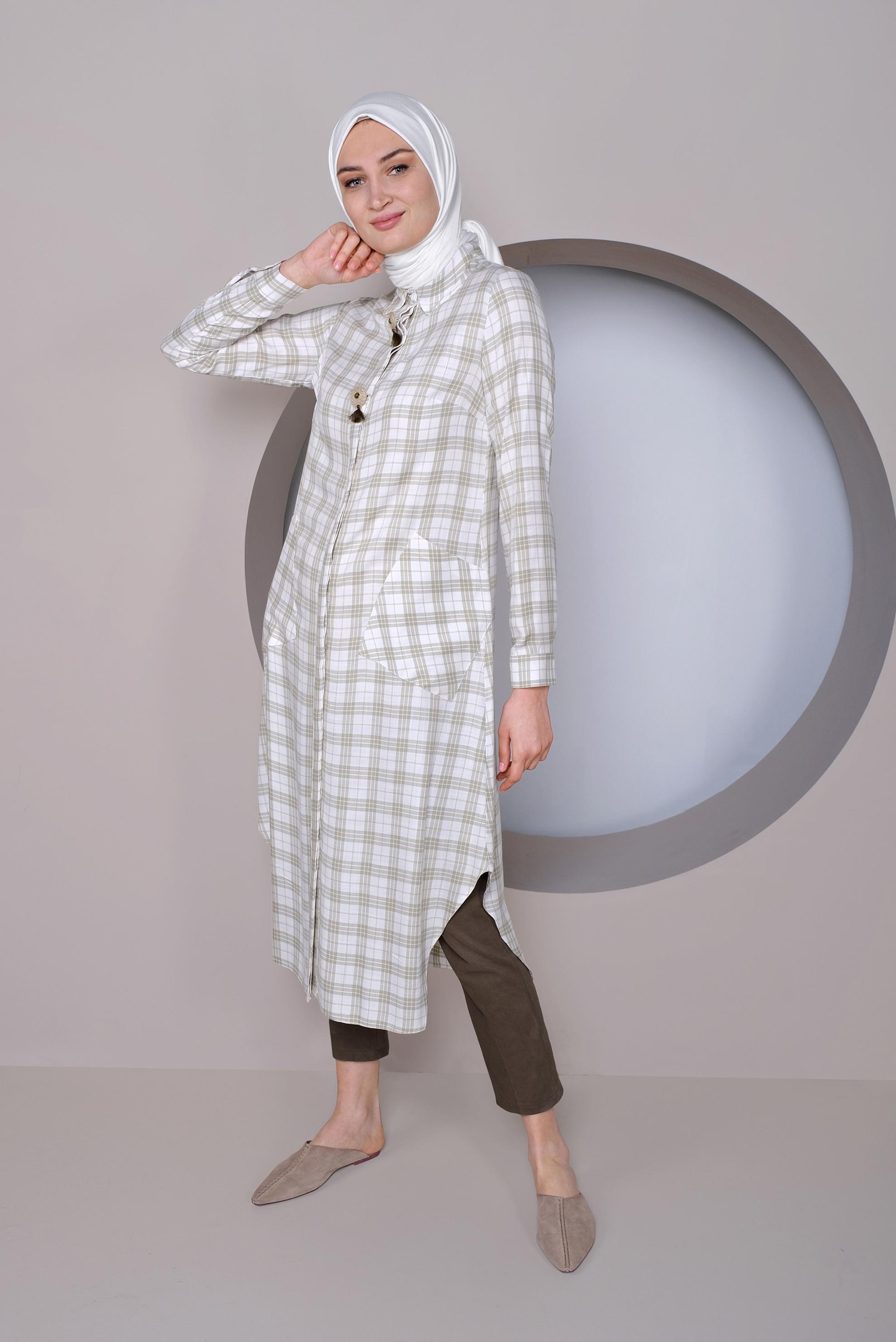 Tesettür giyim HAKİ EKOSE DESENLİ TUNİK 41441