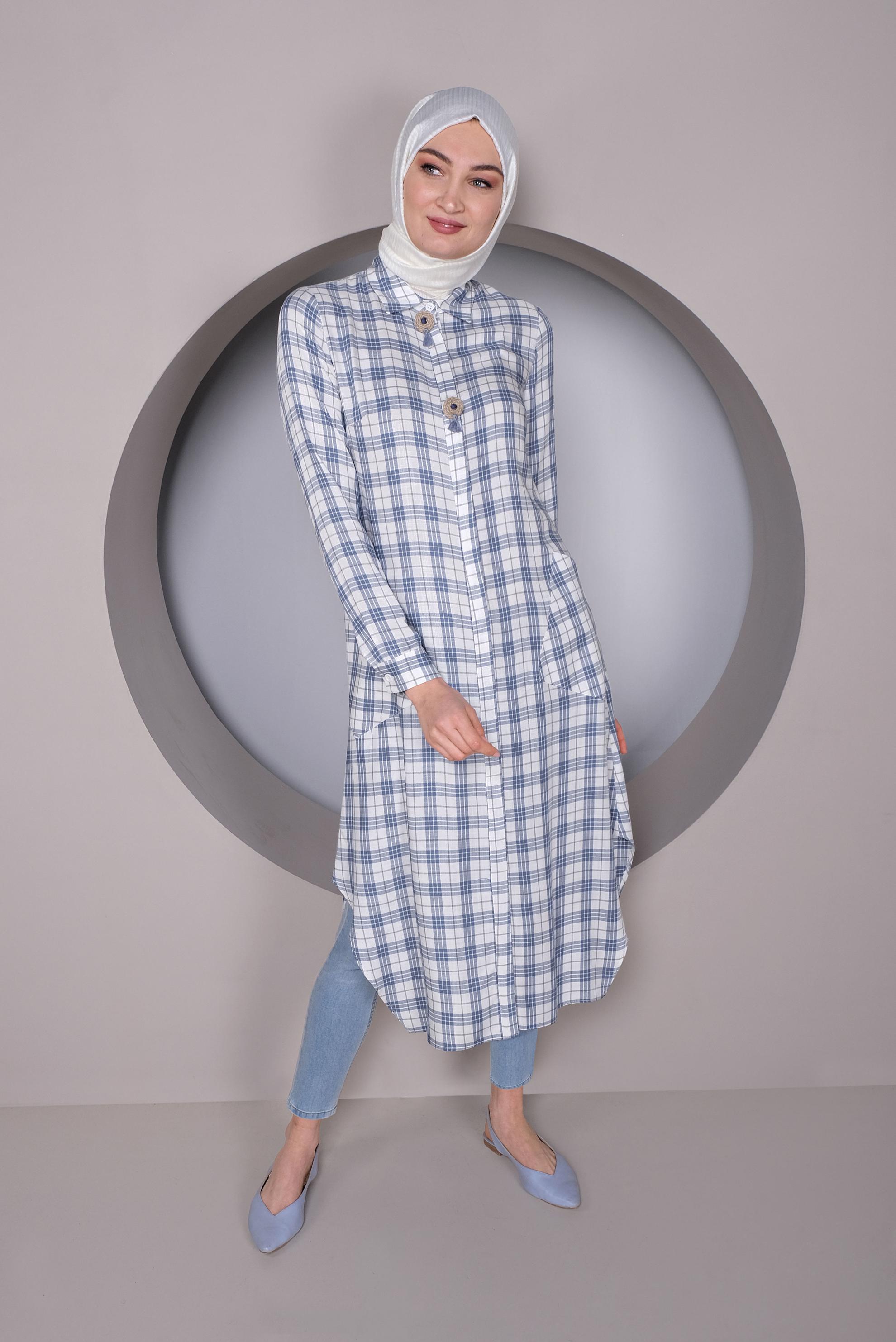 Tesettür giyim LACİVERT EKOSE DESENLİ TUNİK 41441