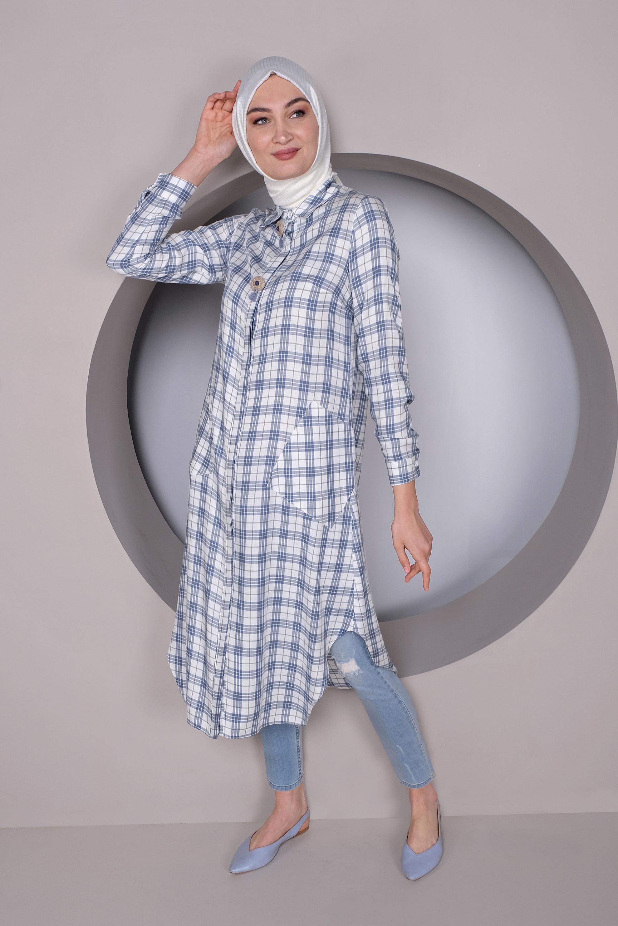 Tesettür giyim LACİVERT EKOSE DESENLİ TUNİK 41441