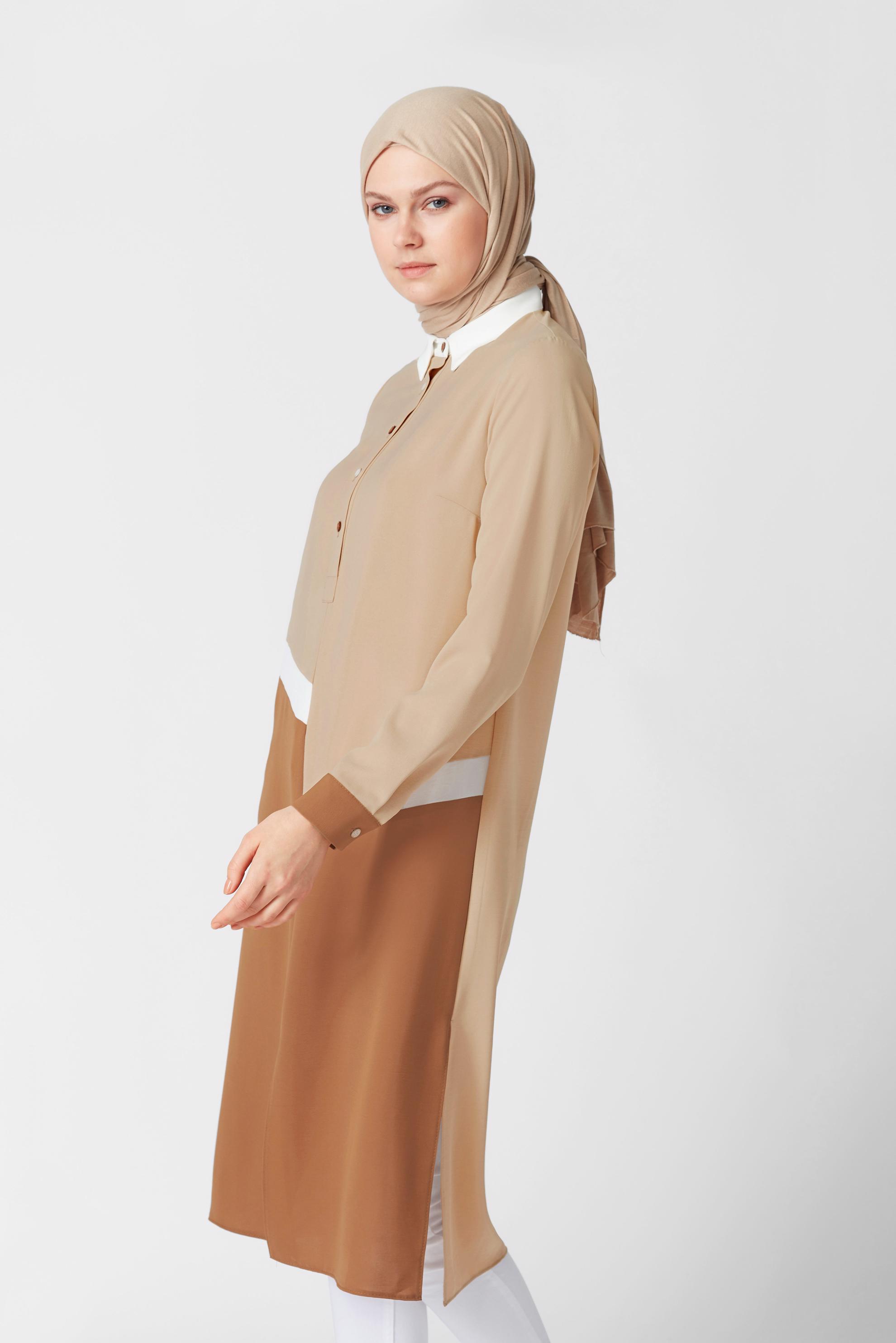 Tesettür giyim BEJ ÜÇ RENK KOMBİNLİ TUNİK 41443	