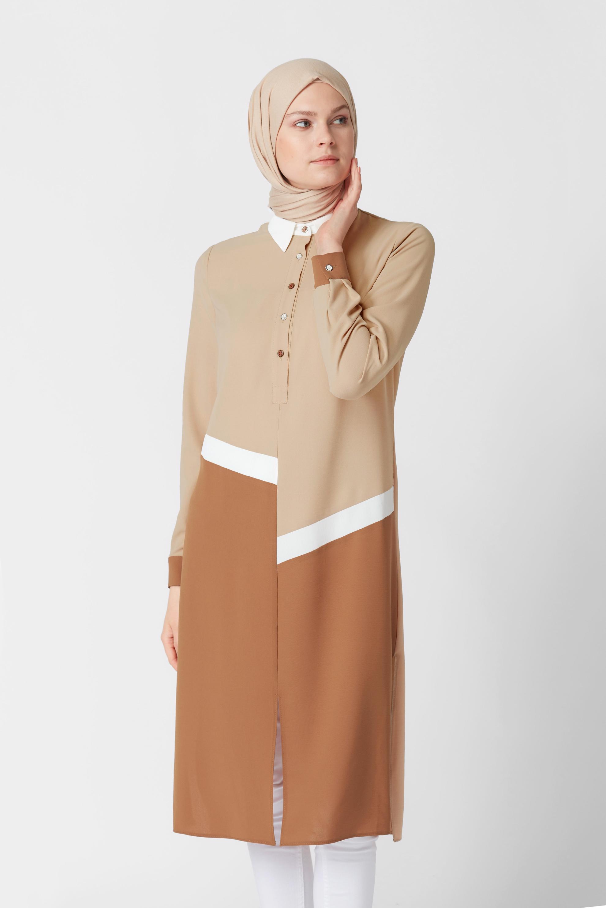 Tesettür giyim BEJ ÜÇ RENK KOMBİNLİ TUNİK 41443	
