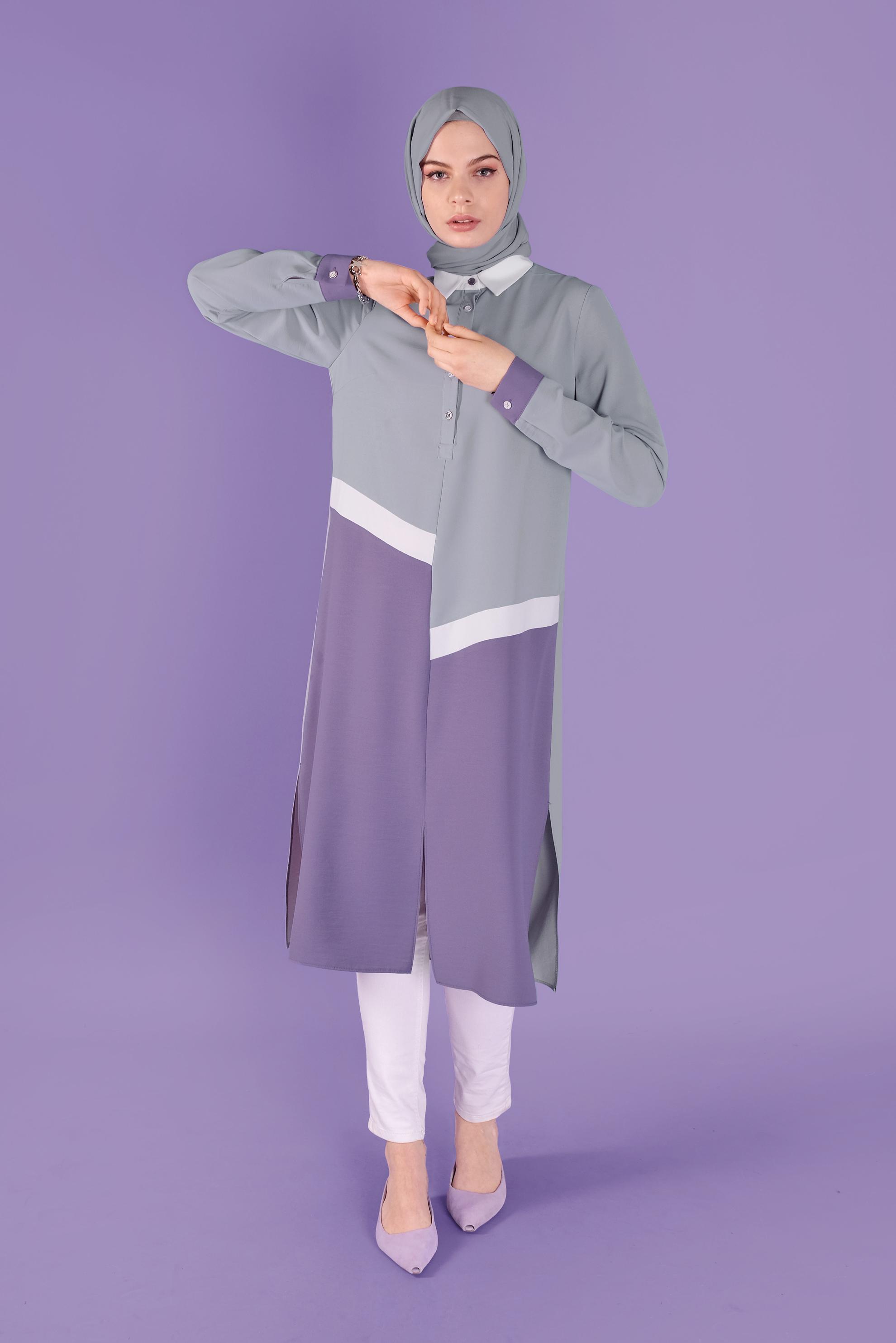 Tesettür giyim GRİ ÜÇ RENK KOMBİNLİ TUNİK 41443	