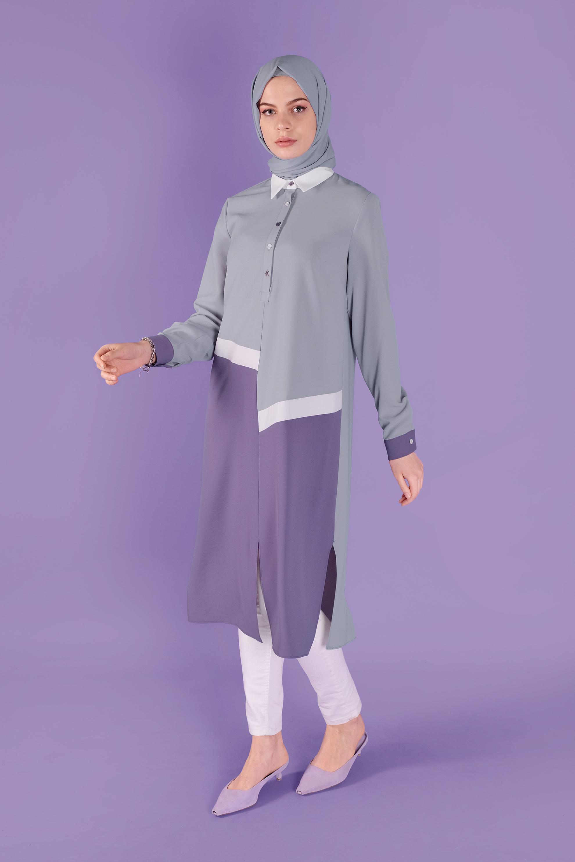 Tesettür giyim GRİ ÜÇ RENK KOMBİNLİ TUNİK 41443	