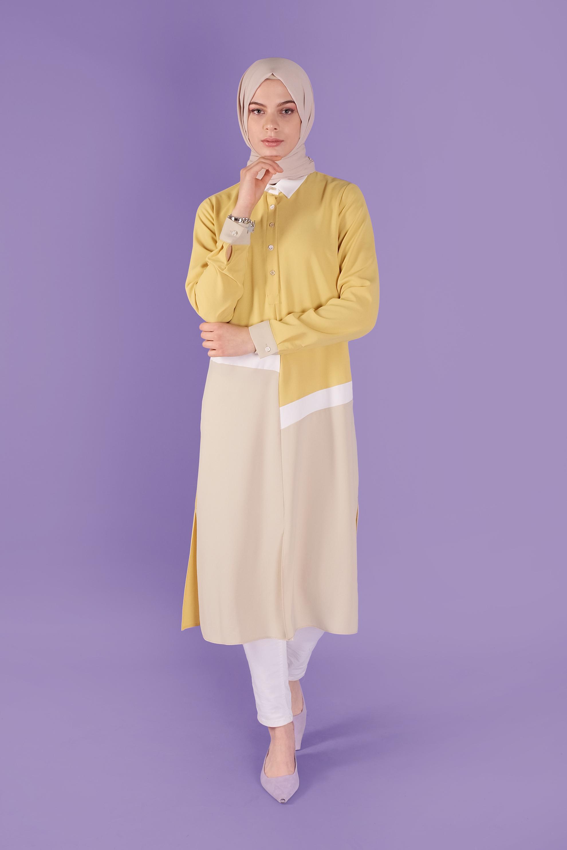 Tesettür giyim SARI ÜÇ RENK KOMBİNLİ TUNİK 41443	