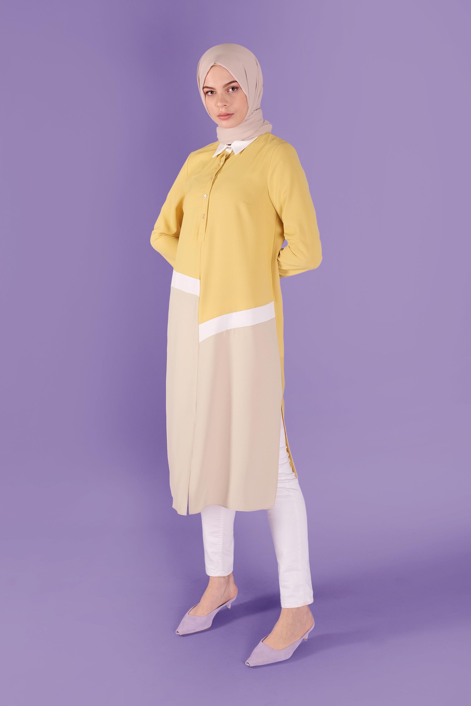 Tesettür giyim SARI ÜÇ RENK KOMBİNLİ TUNİK 41443	