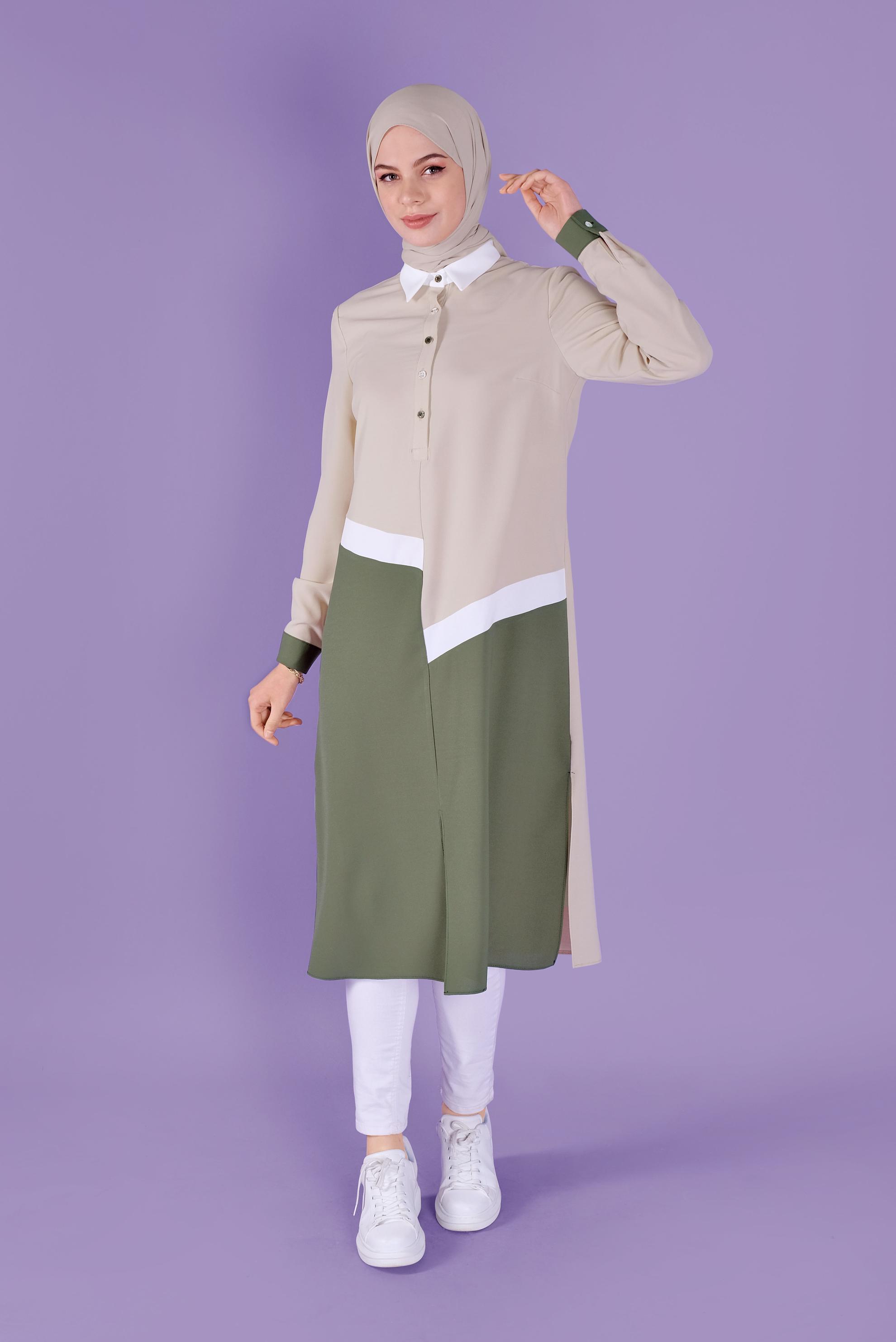 Tesettür giyim BEJ ÜÇ RENK KOMBİNLİ TUNİK 41443	