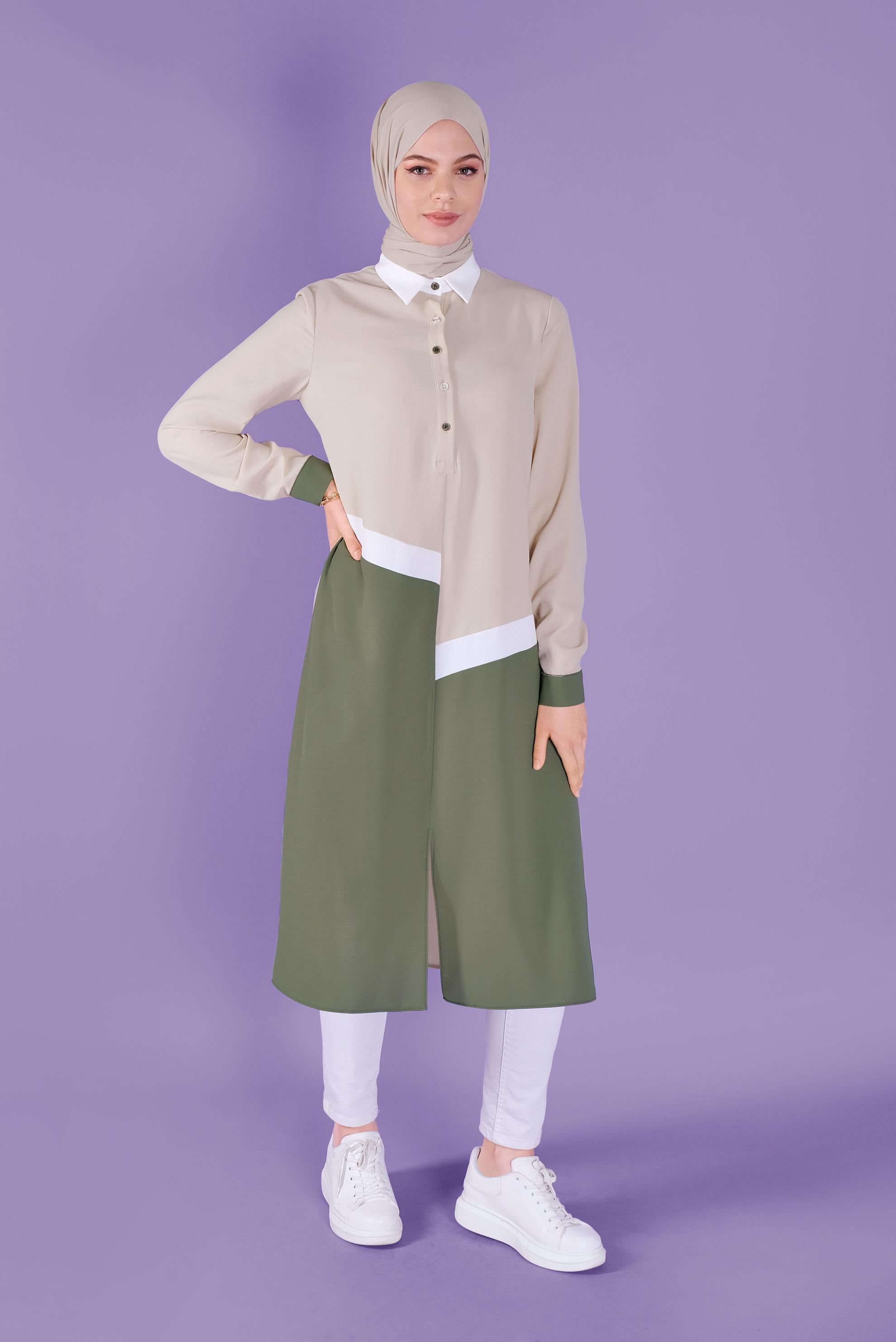 Tesettür giyim BEJ ÜÇ RENK KOMBİNLİ TUNİK 41443	