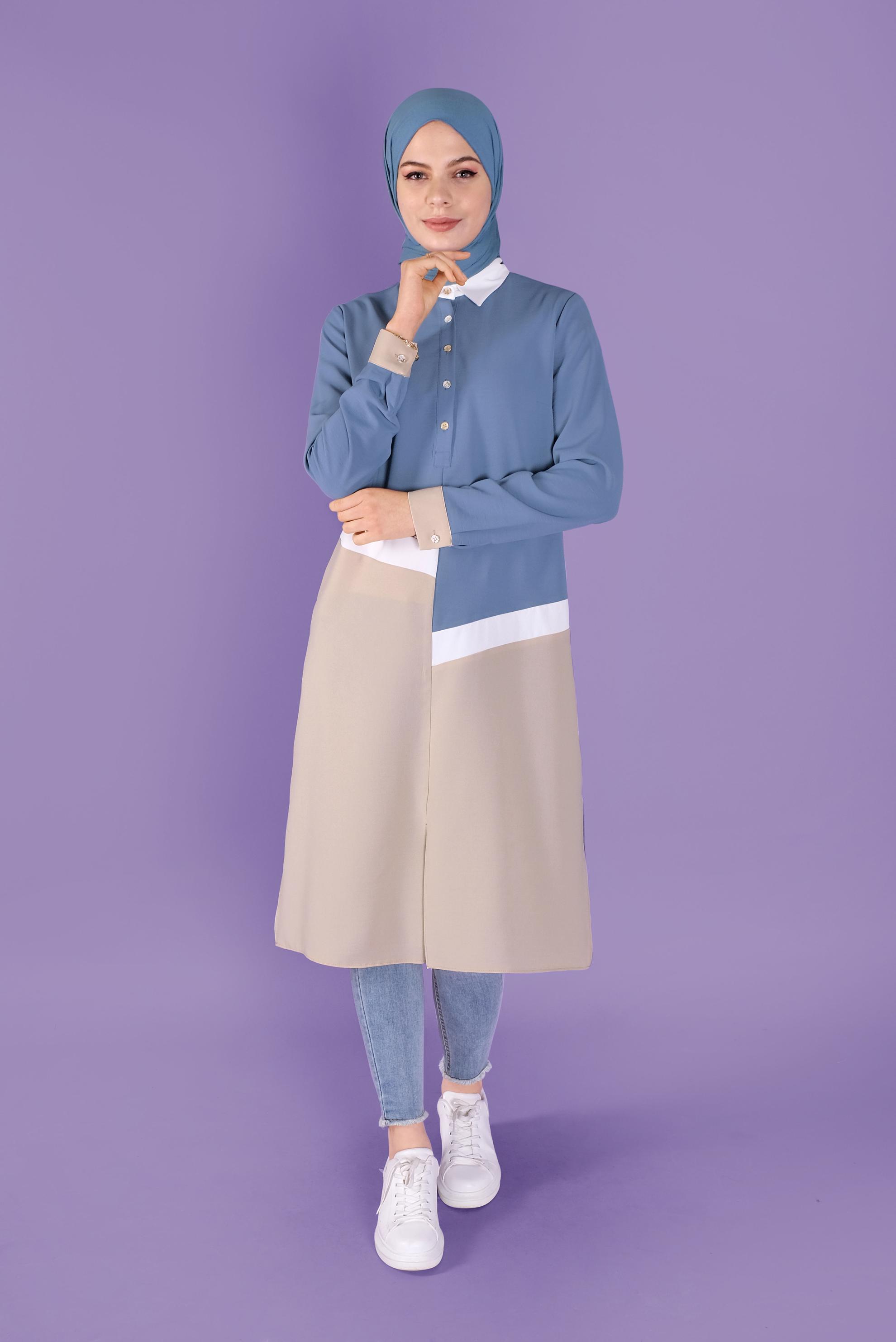 Tesettür giyim MAVİ ÜÇ RENK KOMBİNLİ TUNİK 41443	