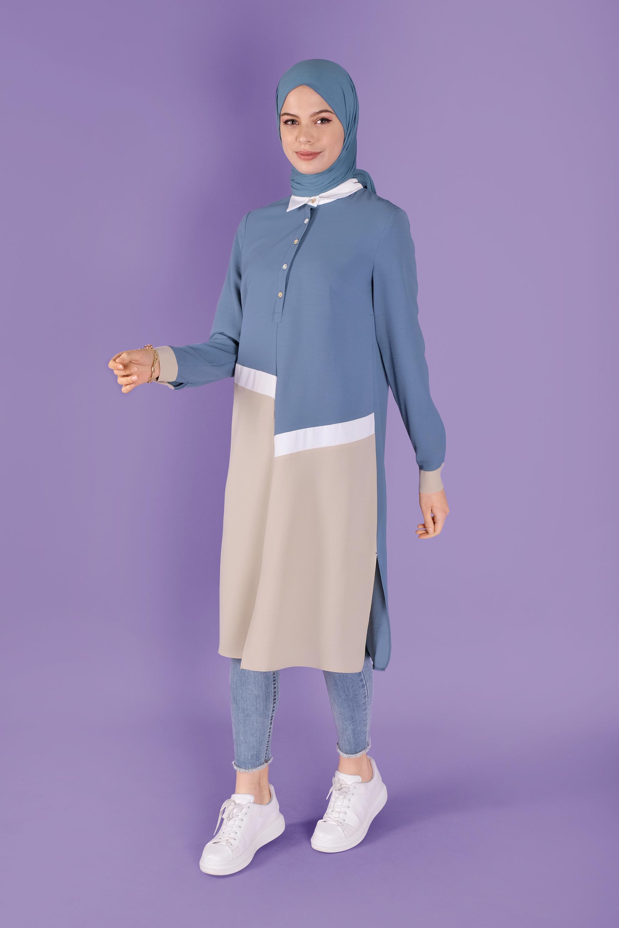 Tesettür giyim MAVİ ÜÇ RENK KOMBİNLİ TUNİK 41443	