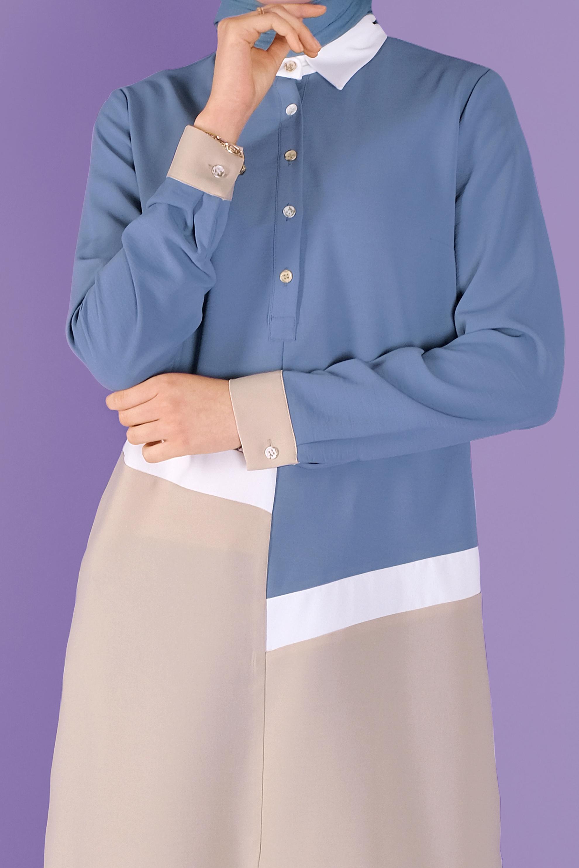 Tesettür giyim MAVİ ÜÇ RENK KOMBİNLİ TUNİK 41443	