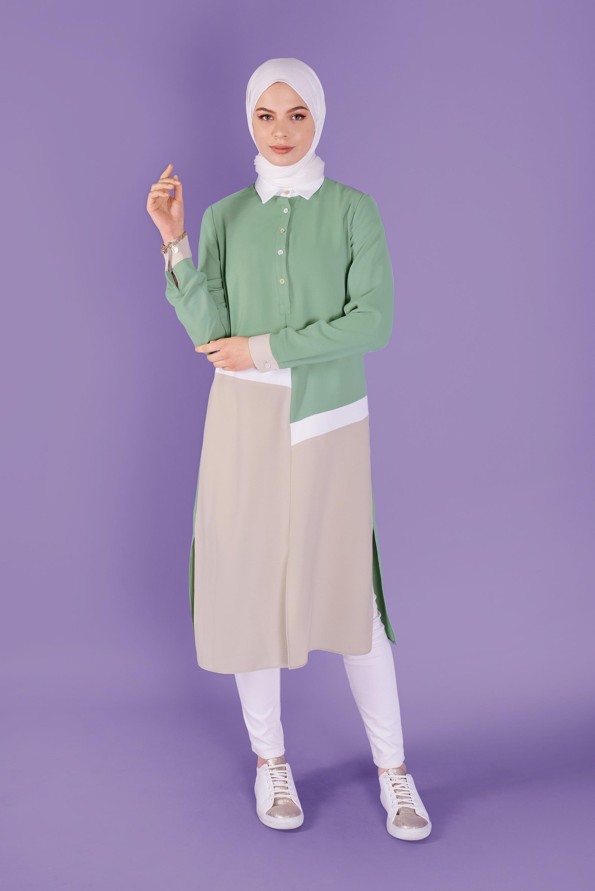 Tesettür giyim YEŞİL ÜÇ RENK KOMBİNLİ TUNİK 41443	