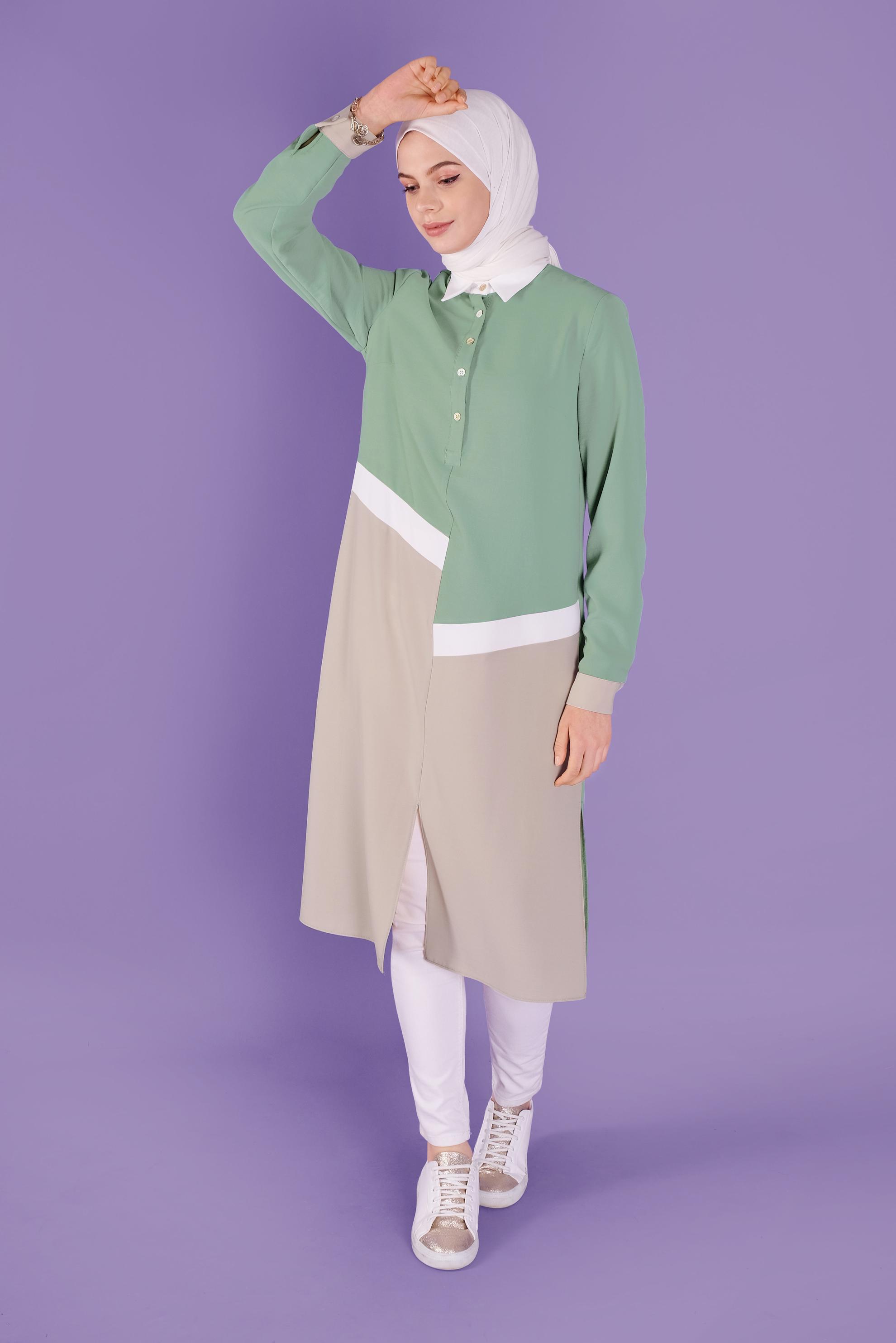 Tesettür giyim YEŞİL ÜÇ RENK KOMBİNLİ TUNİK 41443	