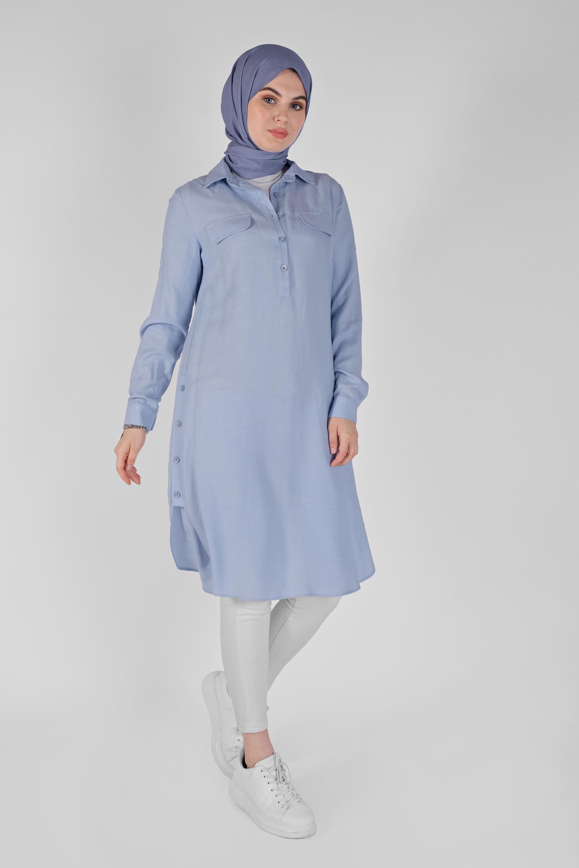 Tesettür giyim MAVİ DÜĞMELİ CEPLİ TUNİK 41444 