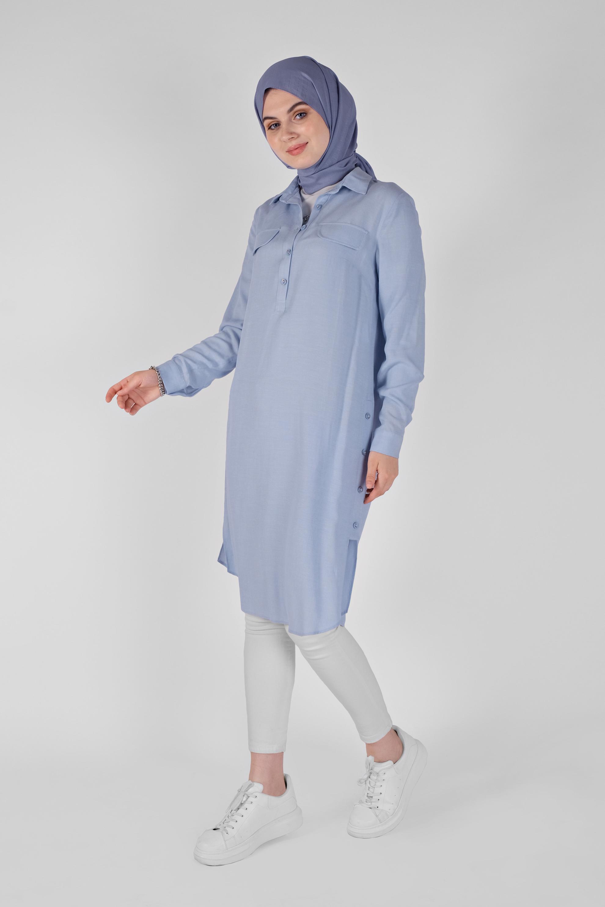 Tesettür giyim MAVİ DÜĞMELİ CEPLİ TUNİK 41444 