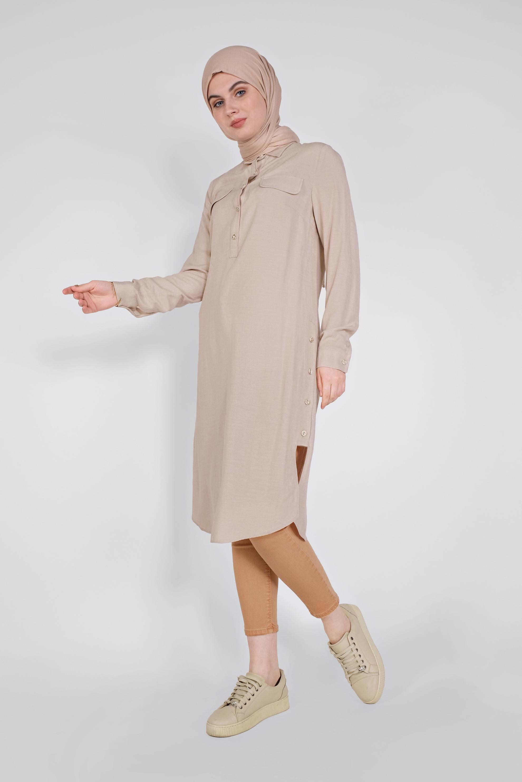 Tesettür giyim BEJ DÜĞMELİ CEPLİ TUNİK 41444 