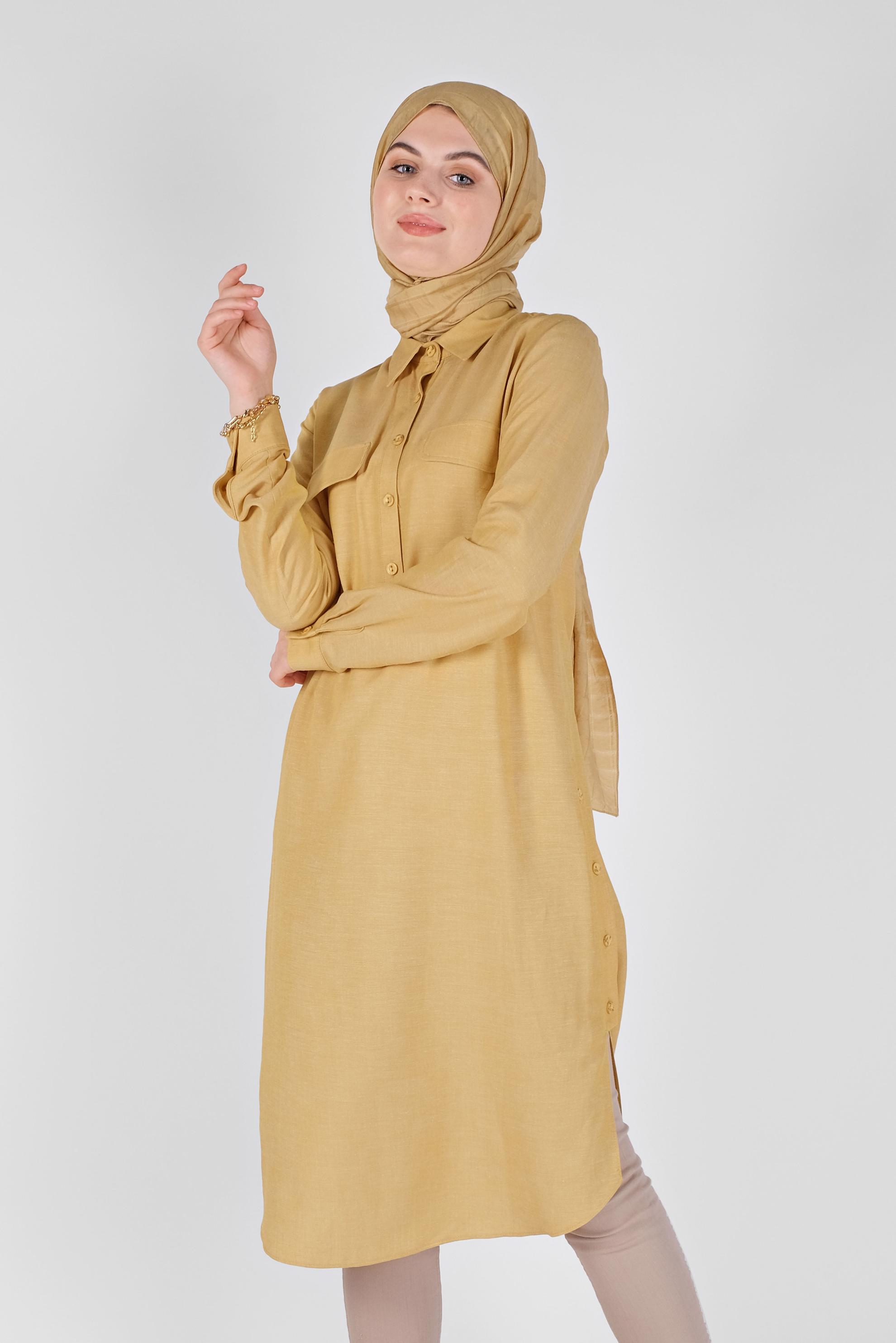 Tesettür giyim SARI DÜĞMELİ CEPLİ TUNİK 41444 