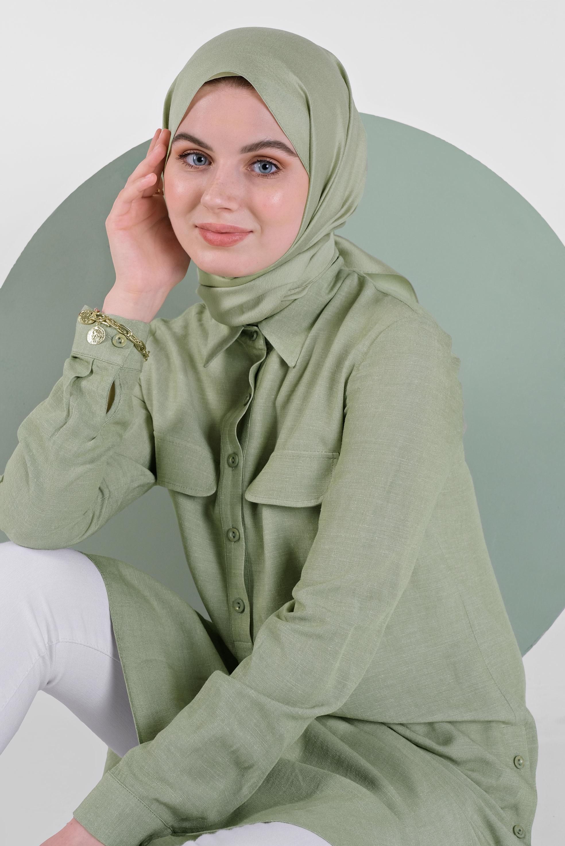 Tesettür giyim HAKİ DÜĞMELİ CEPLİ TUNİK 41444 