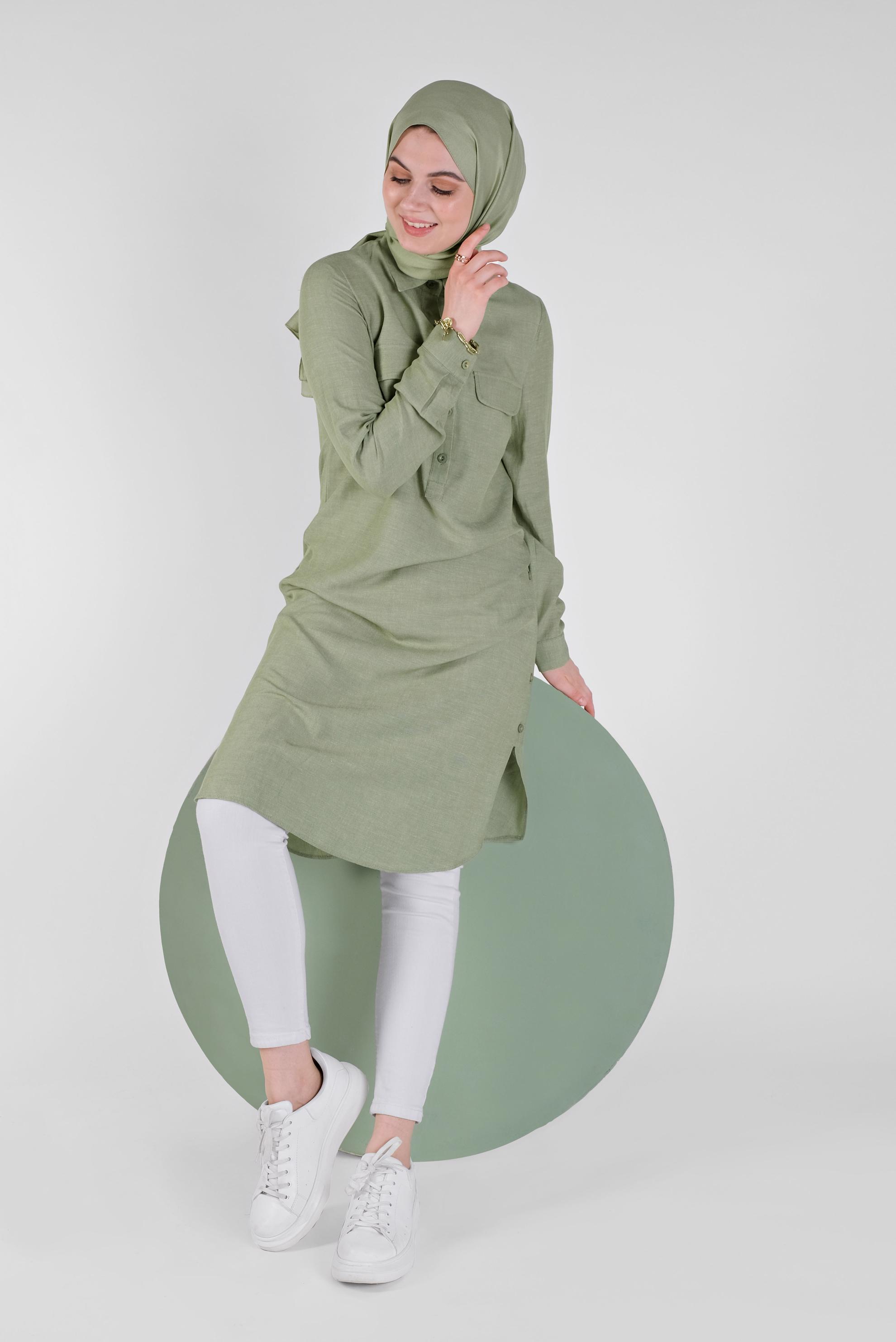 Tesettür giyim HAKİ DÜĞMELİ CEPLİ TUNİK 41444 