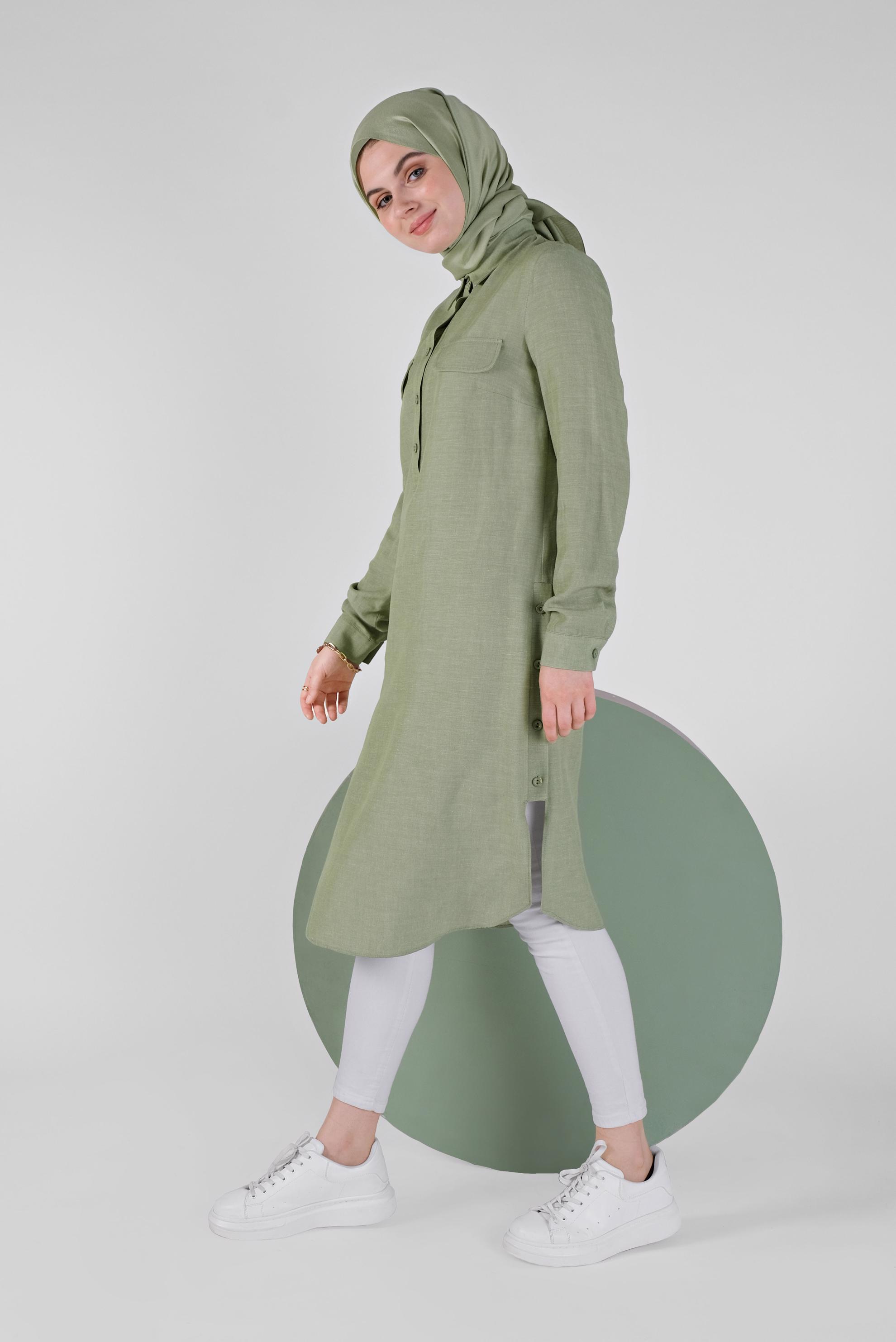 Tesettür giyim HAKİ DÜĞMELİ CEPLİ TUNİK 41444 