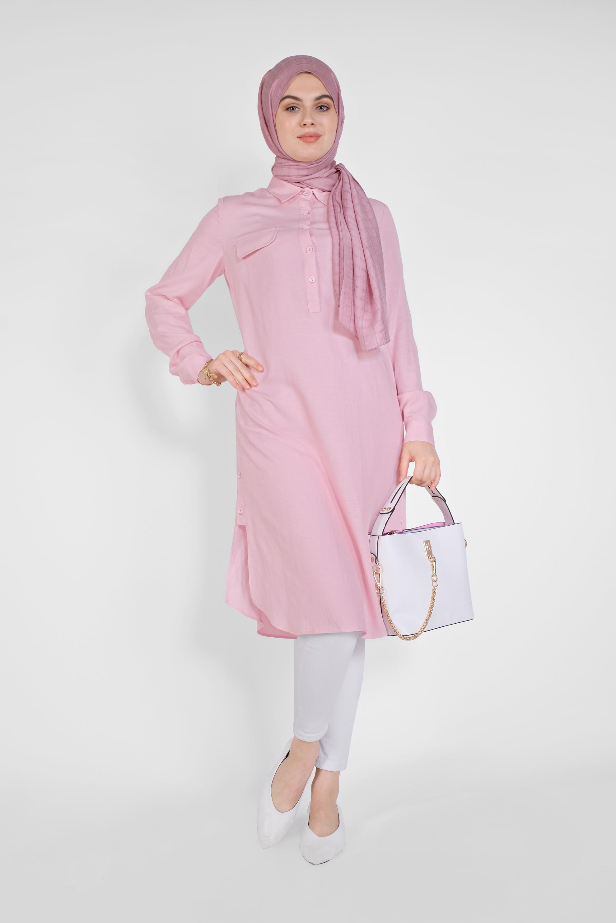 Tesettür giyim PEMBE DÜĞMELİ CEPLİ TUNİK 41444 