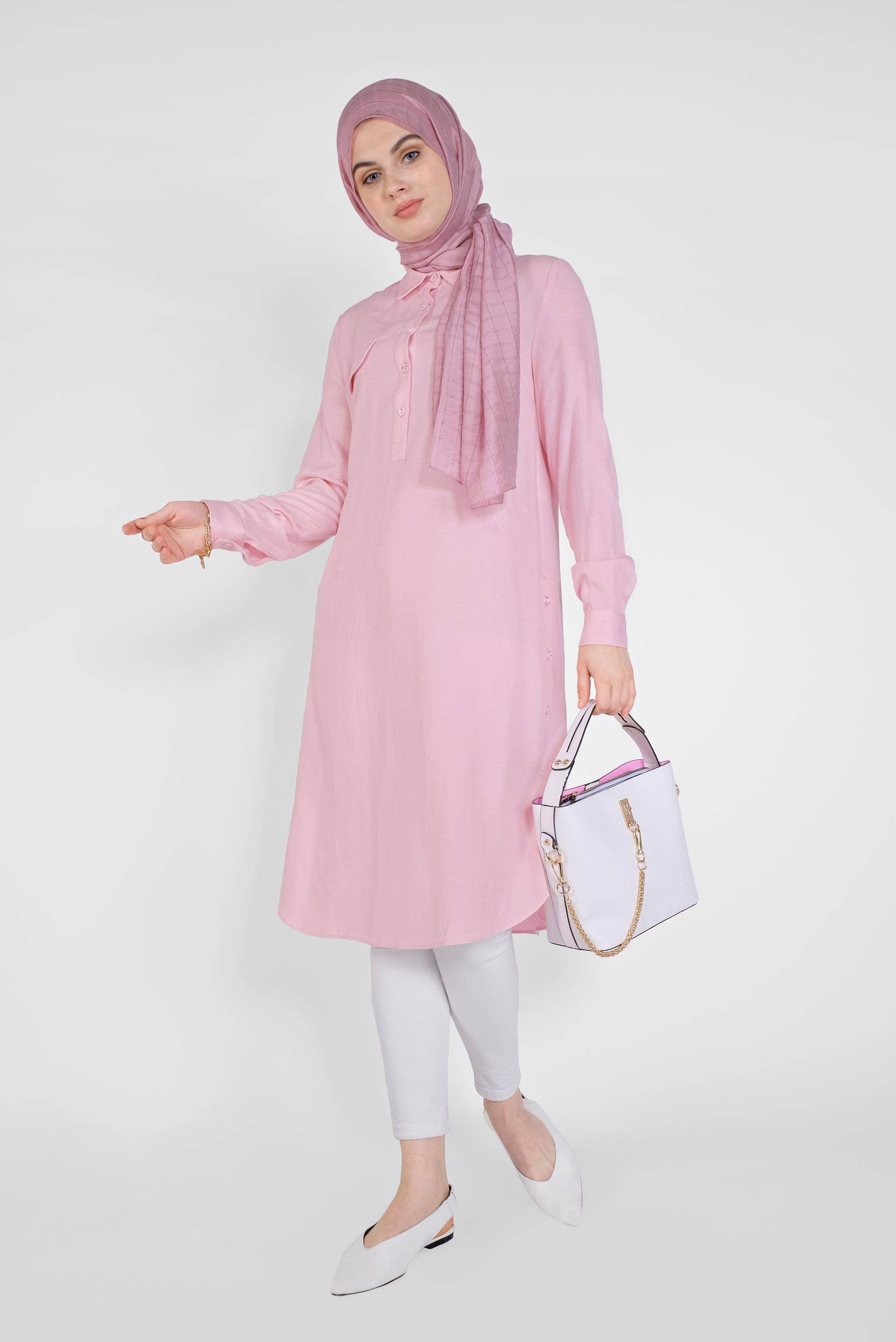 Tesettür giyim PEMBE DÜĞMELİ CEPLİ TUNİK 41444 