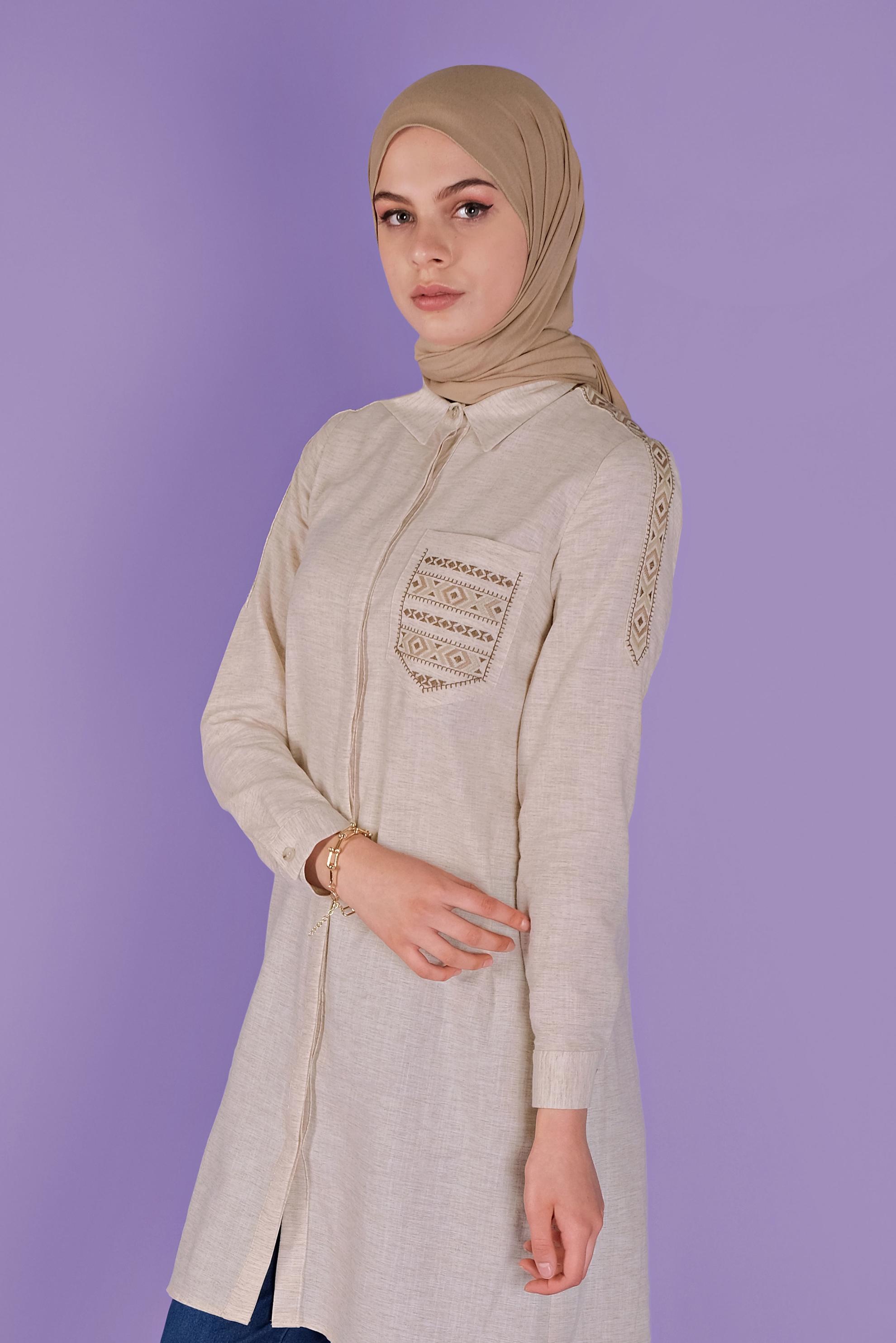 Tesettür giyim BEJ NAKIŞLI CEP DETAYLI TUNİK 41445