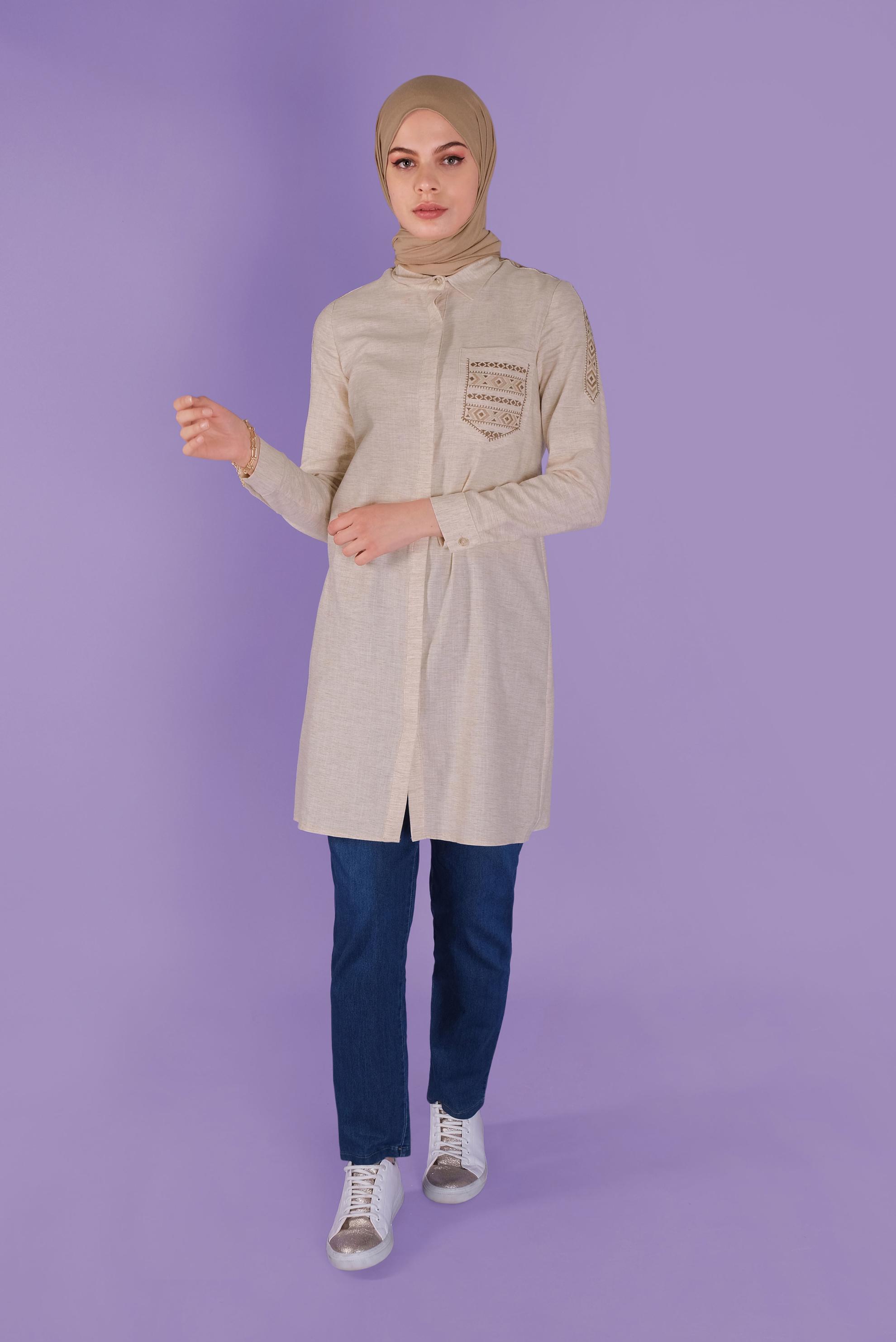 Tesettür giyim BEJ NAKIŞLI CEP DETAYLI TUNİK 41445