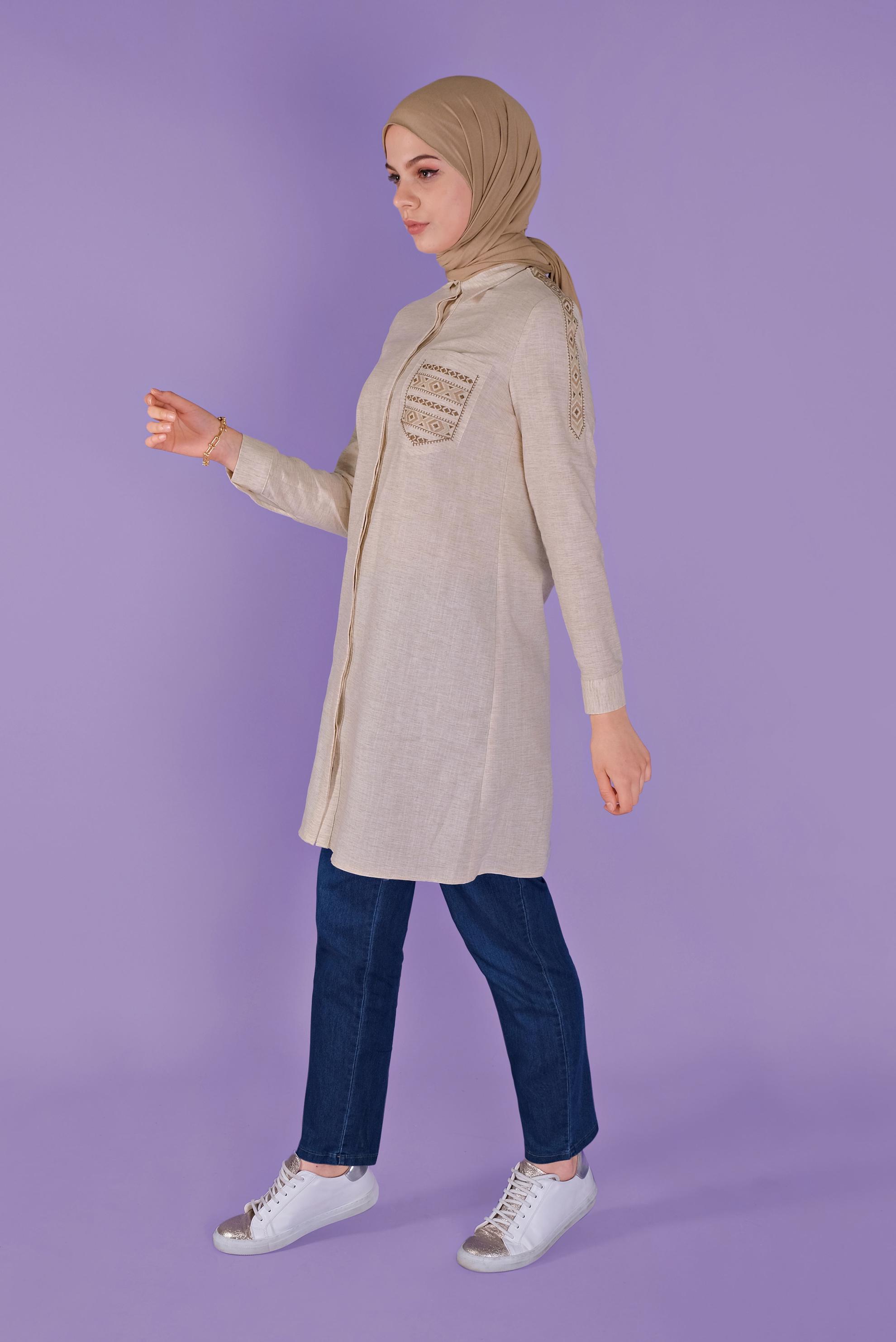 Tesettür giyim BEJ NAKIŞLI CEP DETAYLI TUNİK 41445