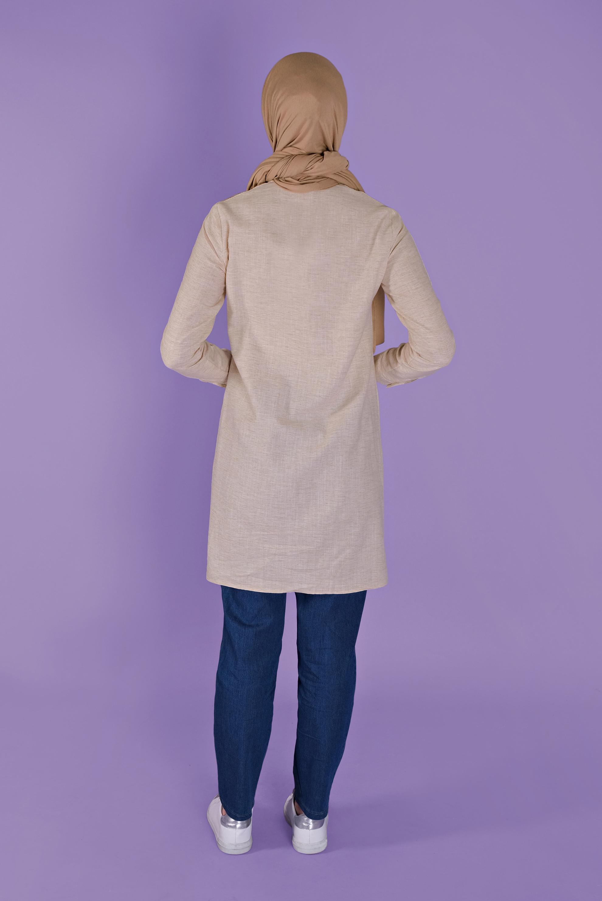 Tesettür giyim BEJ NAKIŞLI CEP DETAYLI TUNİK 41445