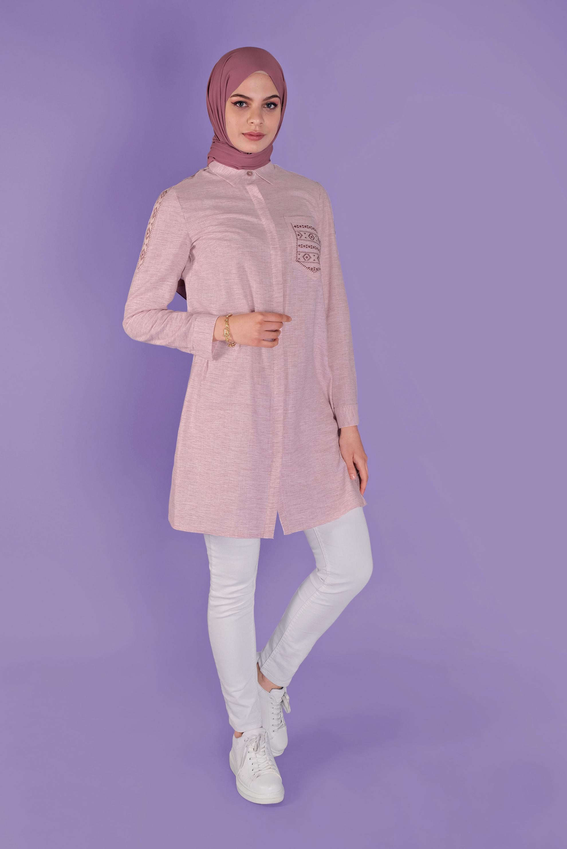 Tesettür giyim BORDO NAKIŞLI CEP DETAYLI TUNİK 41445