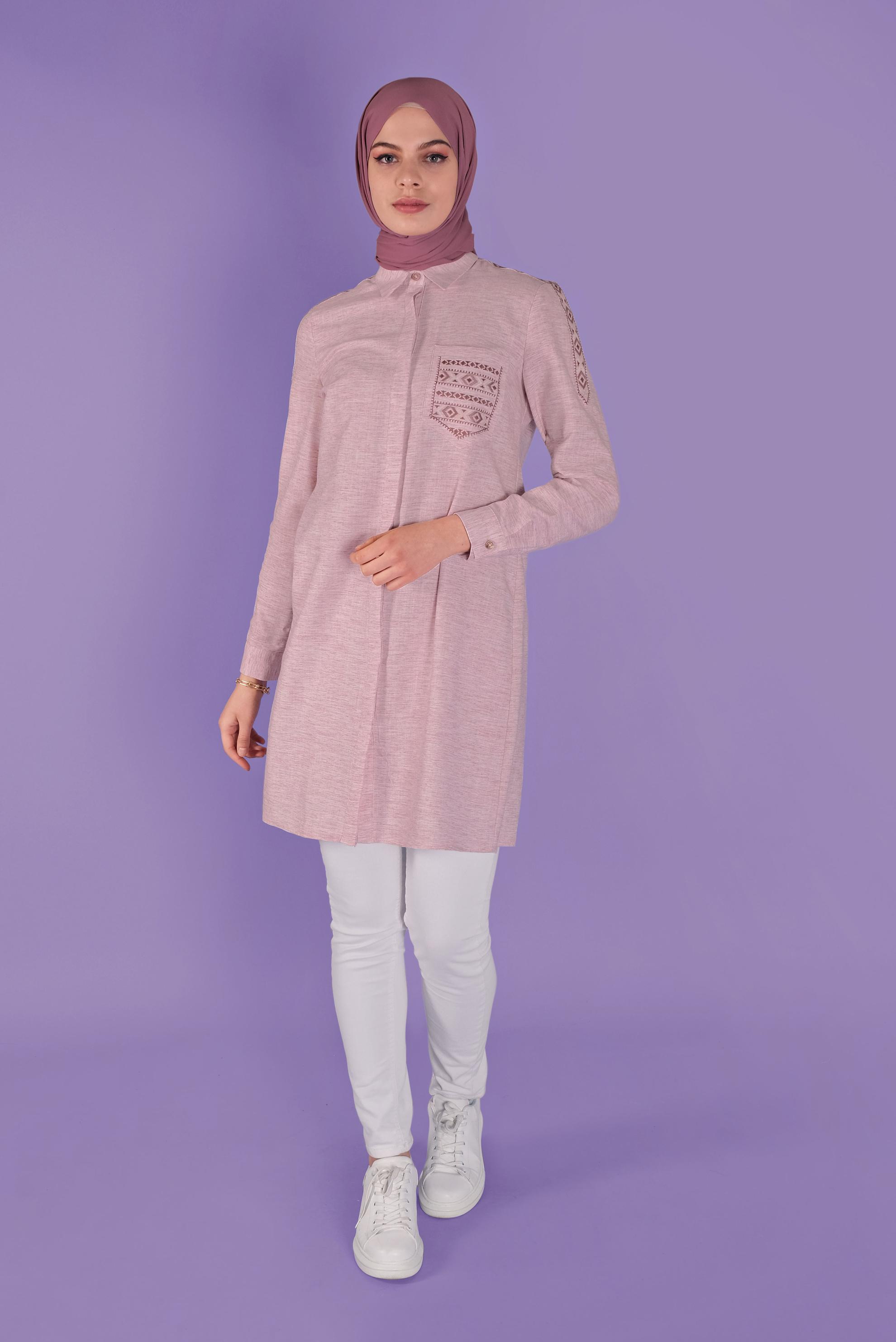 Tesettür giyim BORDO NAKIŞLI CEP DETAYLI TUNİK 41445