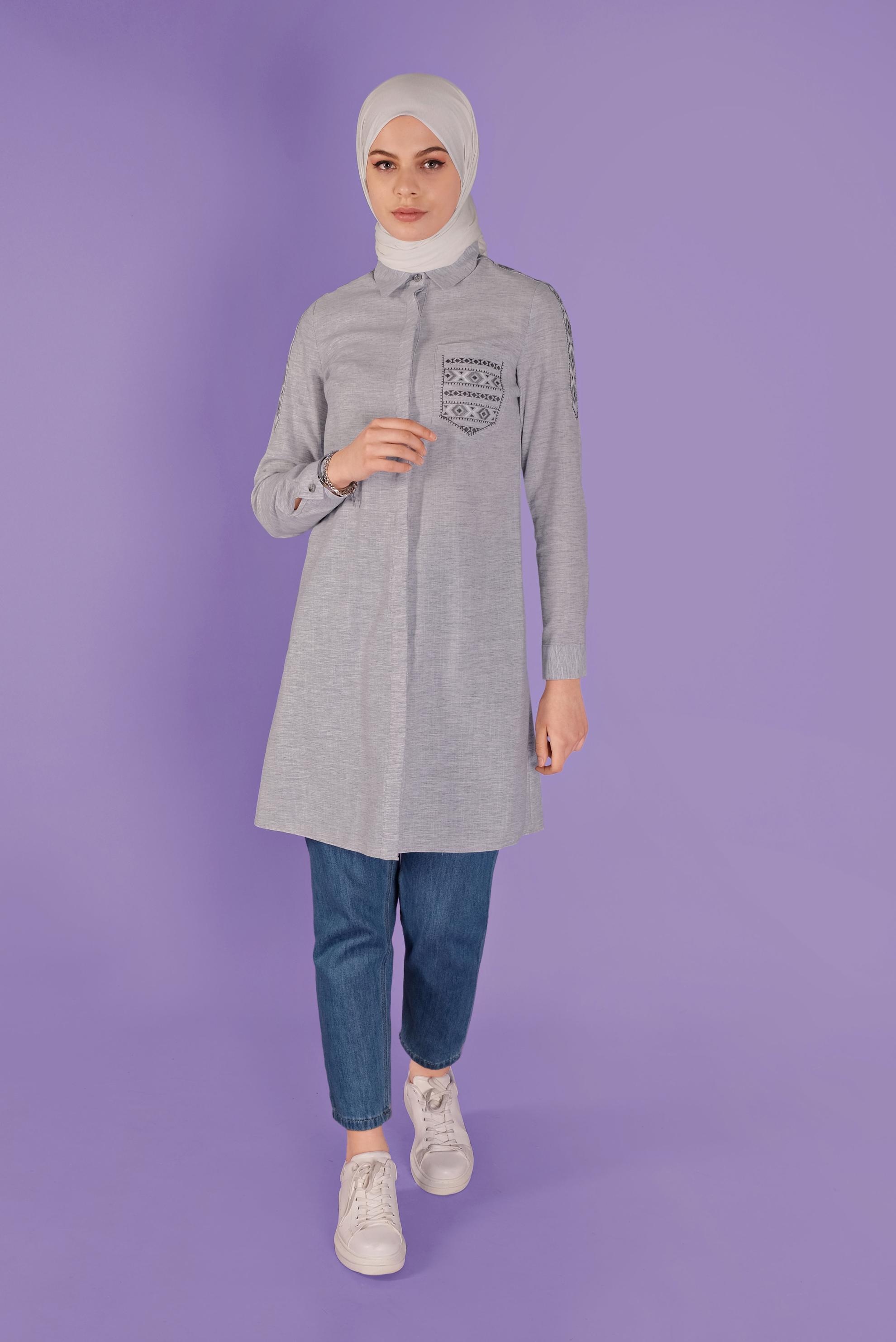 Tesettür giyim LACİVERT NAKIŞLI CEP DETAYLI TUNİK 41445