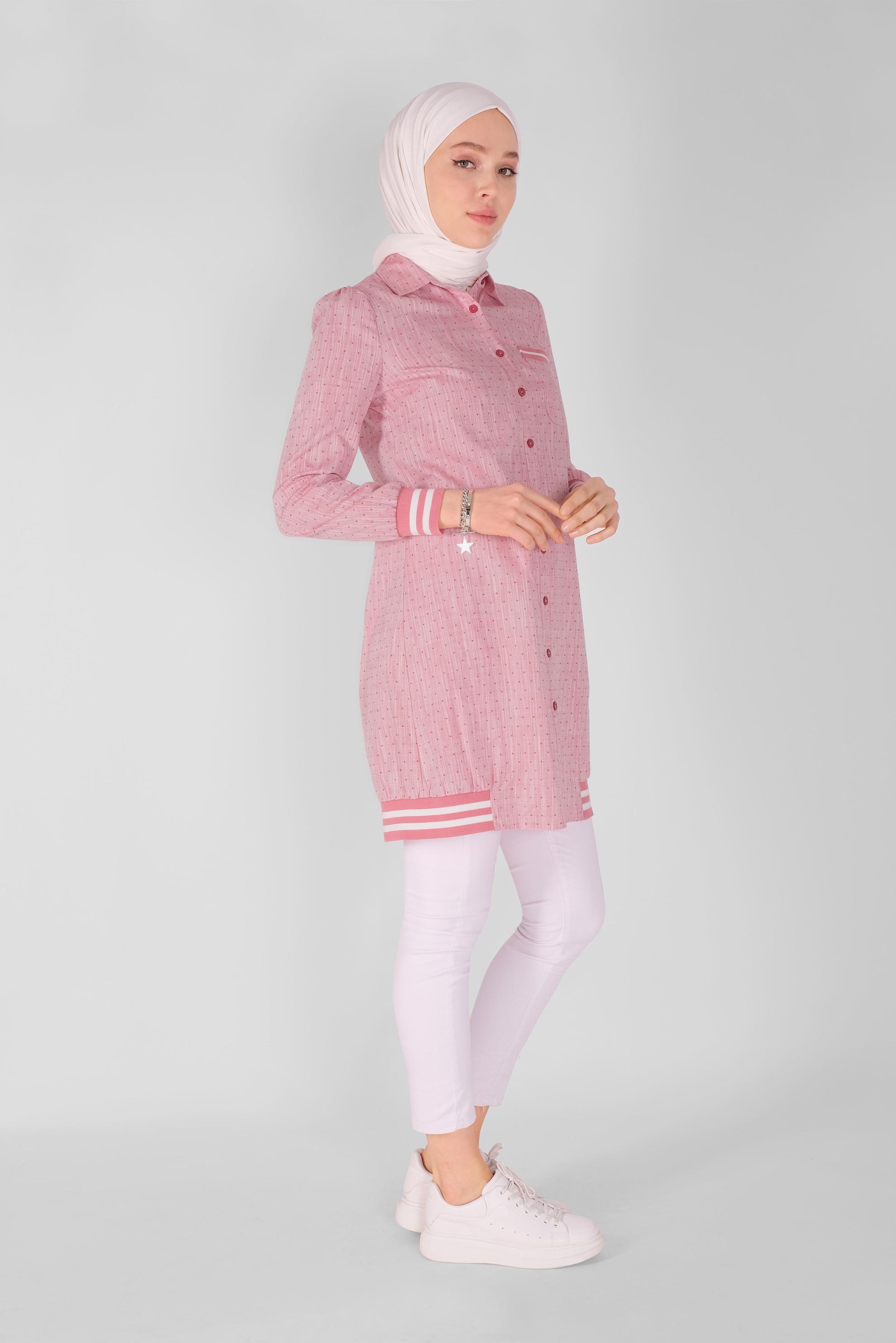 Tesettür giyim KIRMIZI DÜĞMELİ MANŞETLERİ LASTİKLİ TUNİK 41446 