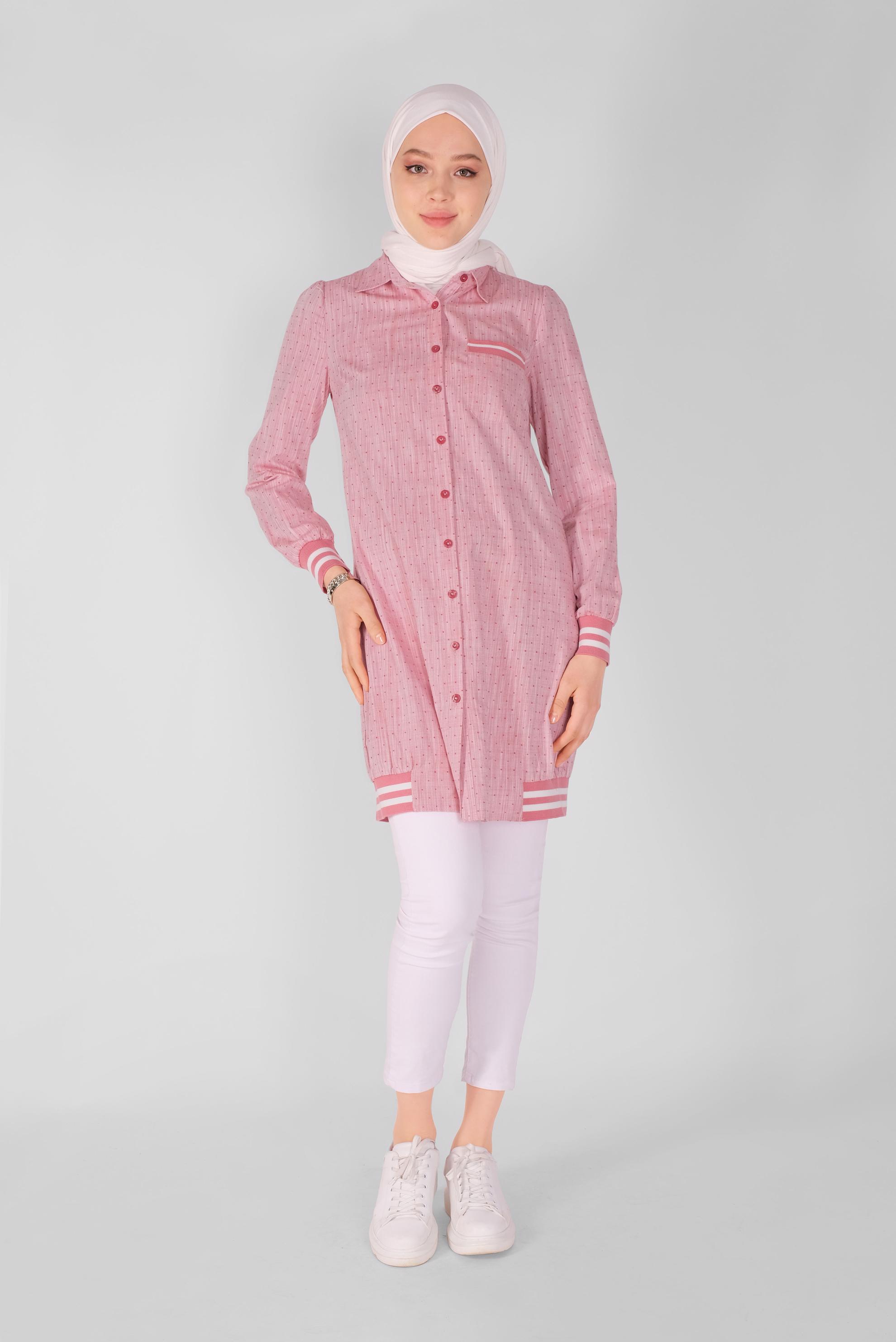 Tesettür giyim KIRMIZI DÜĞMELİ MANŞETLERİ LASTİKLİ TUNİK 41446 