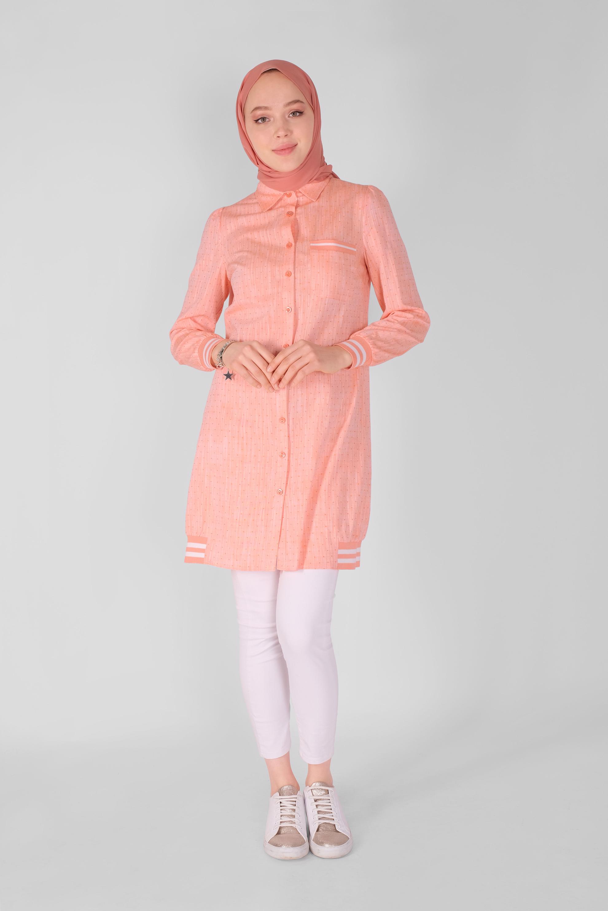 Tesettür giyim TURUNCU DÜĞMELİ MANŞETLERİ LASTİKLİ TUNİK 41446 