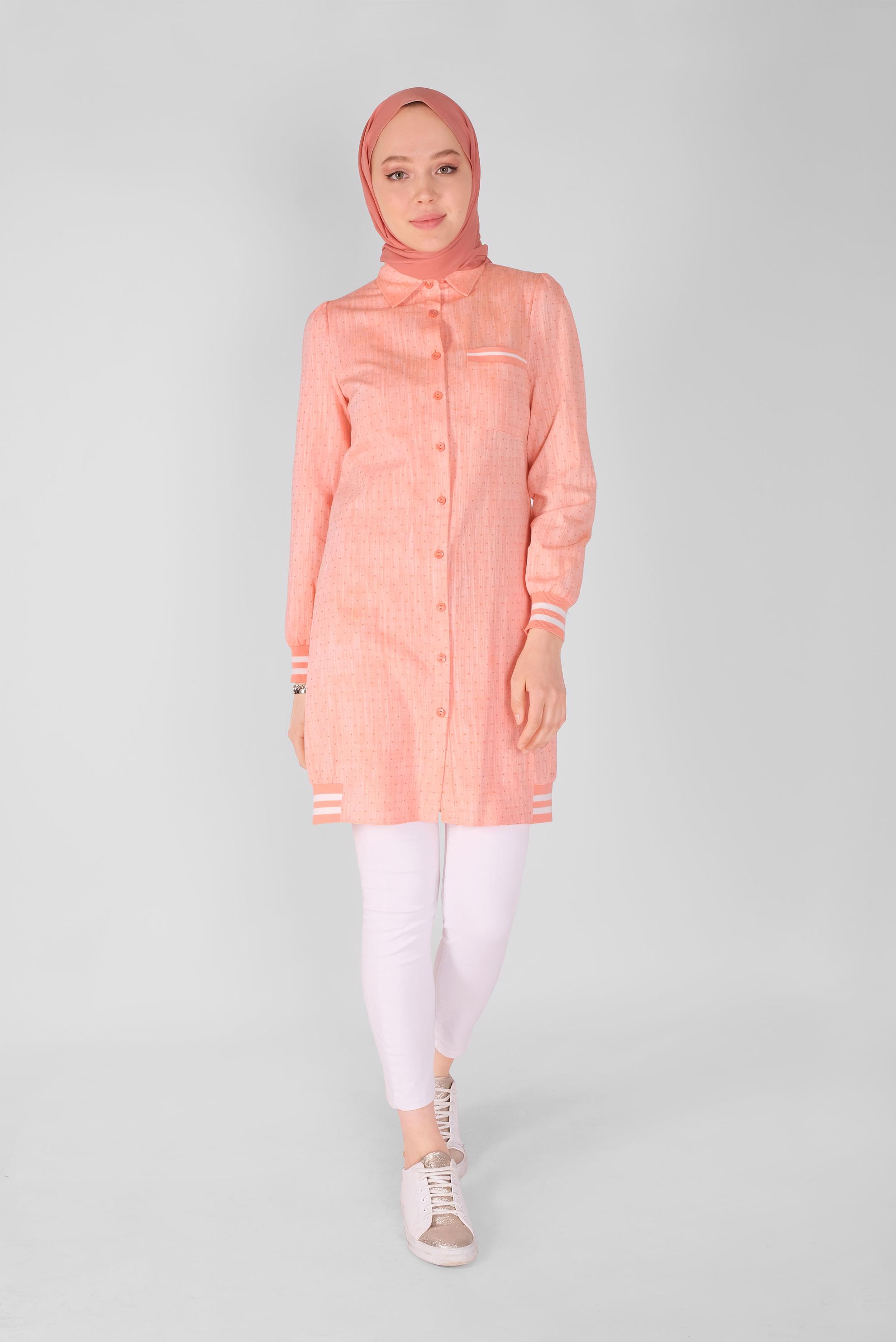 Tesettür giyim TURUNCU DÜĞMELİ MANŞETLERİ LASTİKLİ TUNİK 41446 